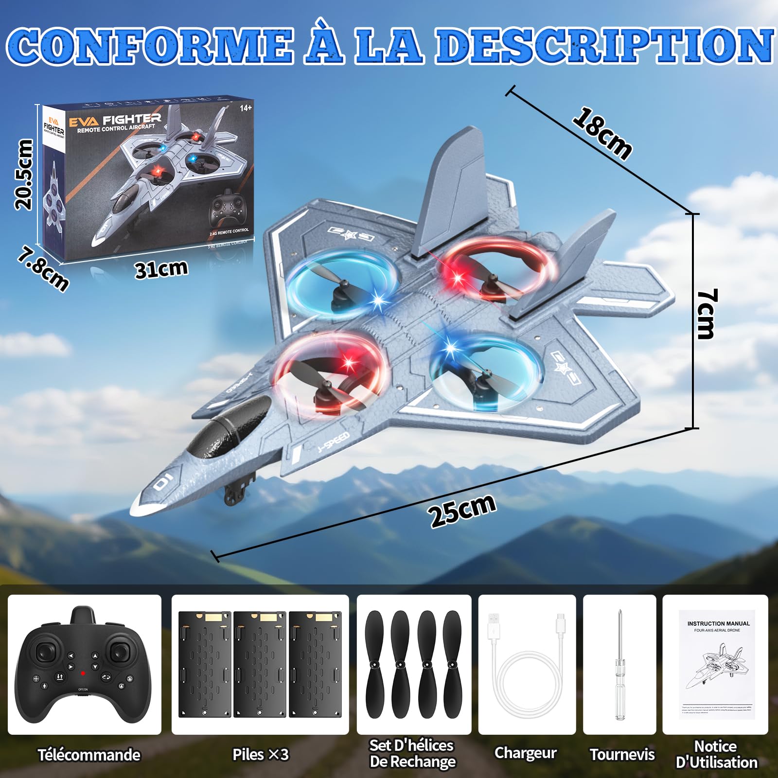 Charmofun Avion Télécommandé, 2,4 GHz Avion RC Avions Radiocommandé Enfants avec LED, Retournement 360°, Hauteur Fixe, Mode sans Tête, Planeur Jouet Volant pour Enfants débutants Noël Fête Cadeaux