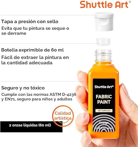 Miniatura 2 de Shuttle Art Pintura para tela, 18 colores de pintura para tela suave permanente en botellas (60ml/2oz) con pinceles, paleta, plantillas, pintura