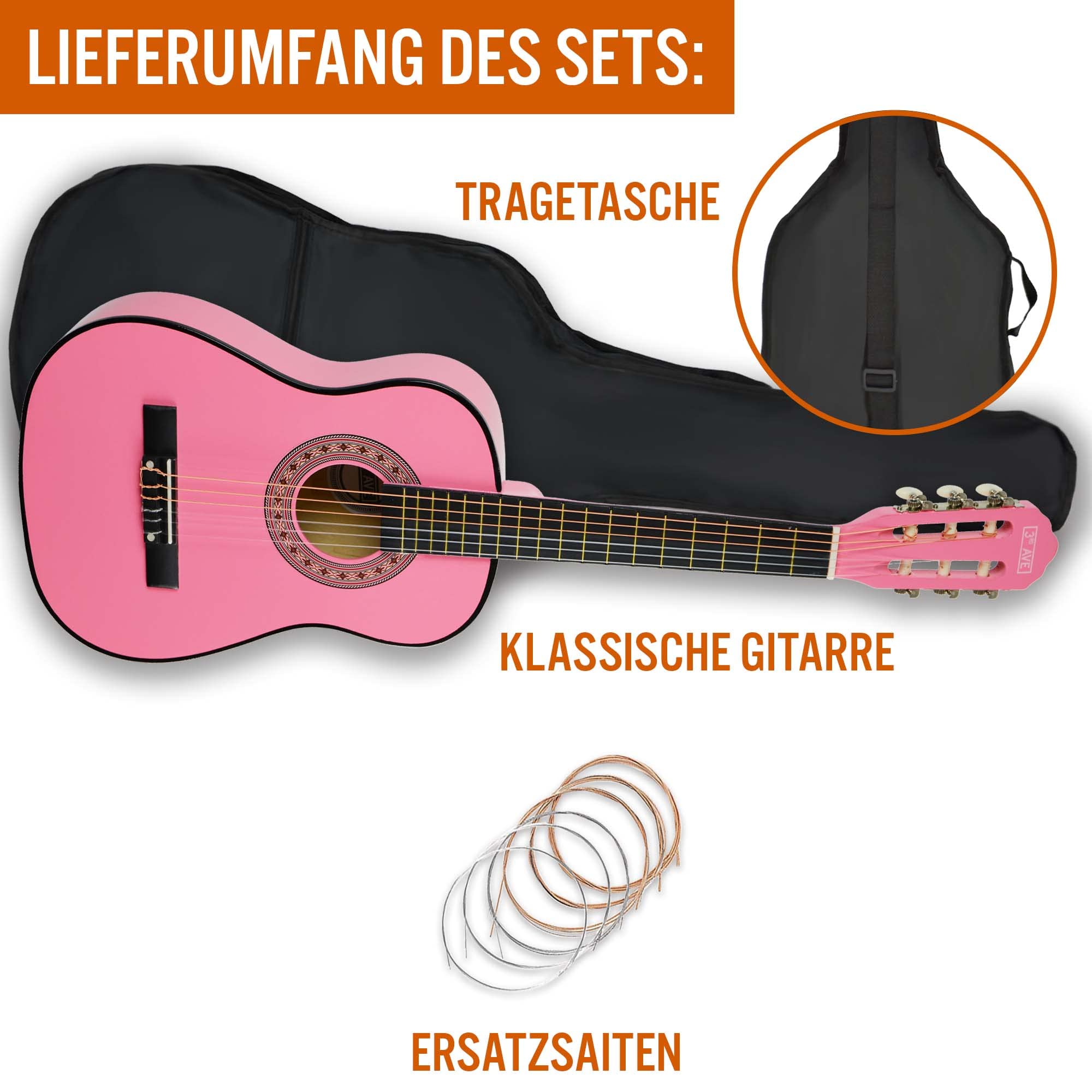3rd Avenue 1/2 Größe Kinder-Klassikgitarre Mit Spanischen Nylonsaiten Im Anfängerpaket – Rosa