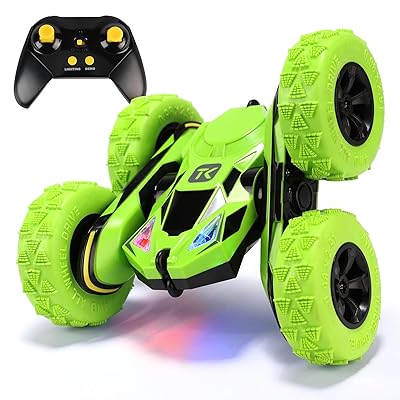 Threeking RC Stunt Cars Remote Control Car Double-Sided Driving 360-degree Flips Rotating Car Toy, Green