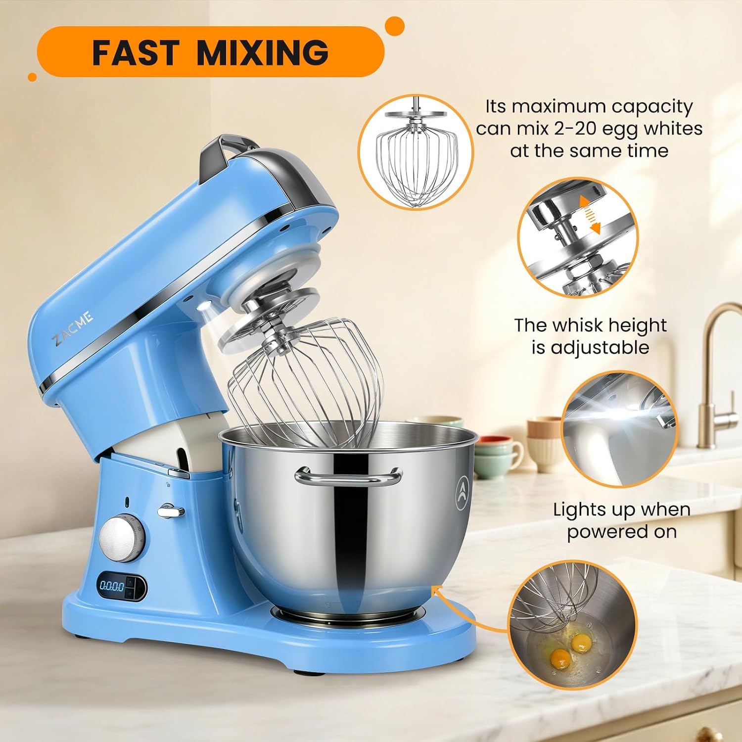 ZACME 8.4QT Commercial Stand Mixer 800W with Aluminum Die Casting Meets the Standard of NSF/ANSI 8-2023, Mixers Kitchen Electric Stand Mixer with Stainless Steel 8L Bowl, Dough Hook, Whisk and Beater image 5