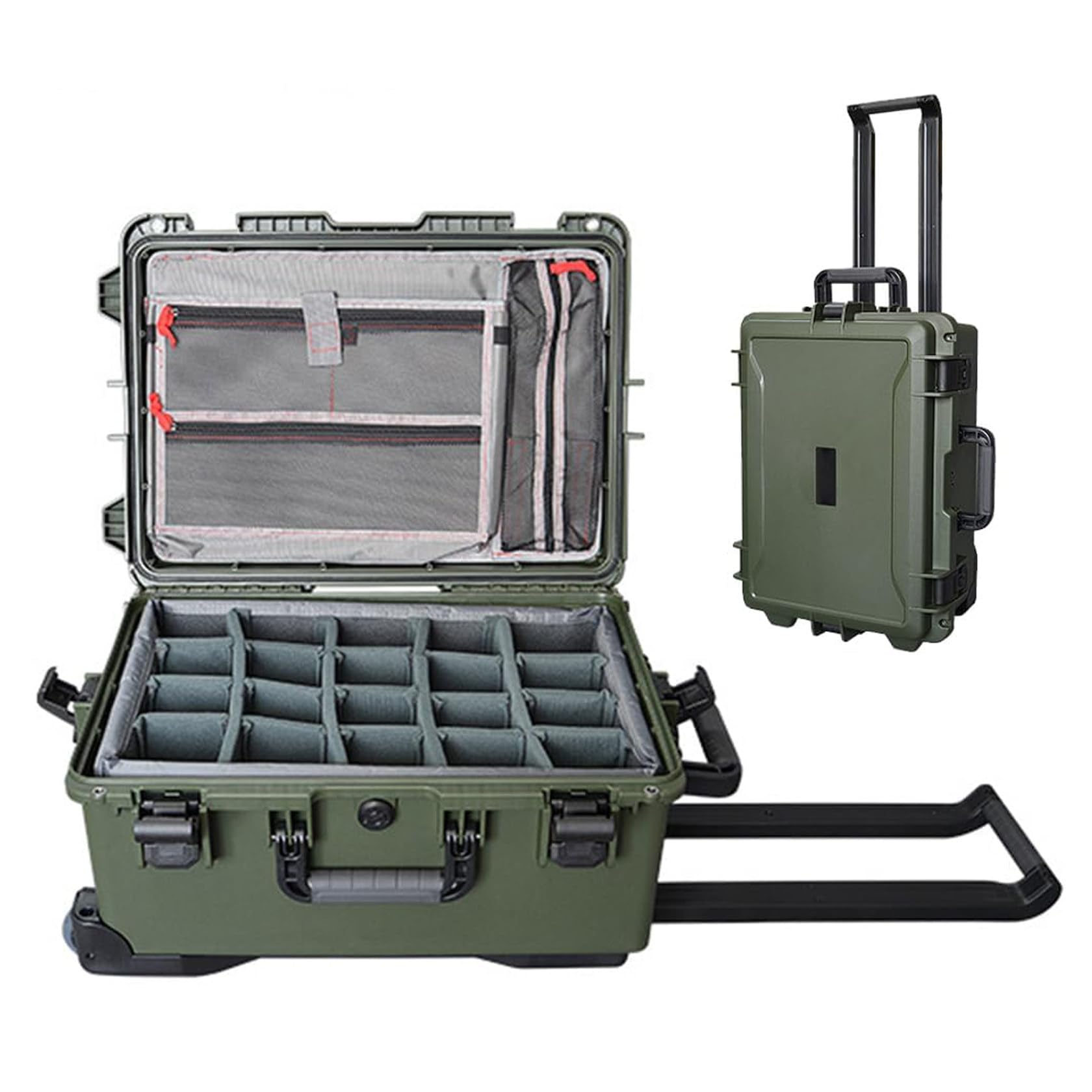 Funda para cámara con ruedas, gran caja de almacenamiento rígida impermeable con bloqueo de contraseña y mango telescópico, certificado IP67, protección para accesorios de video y lentes, Green