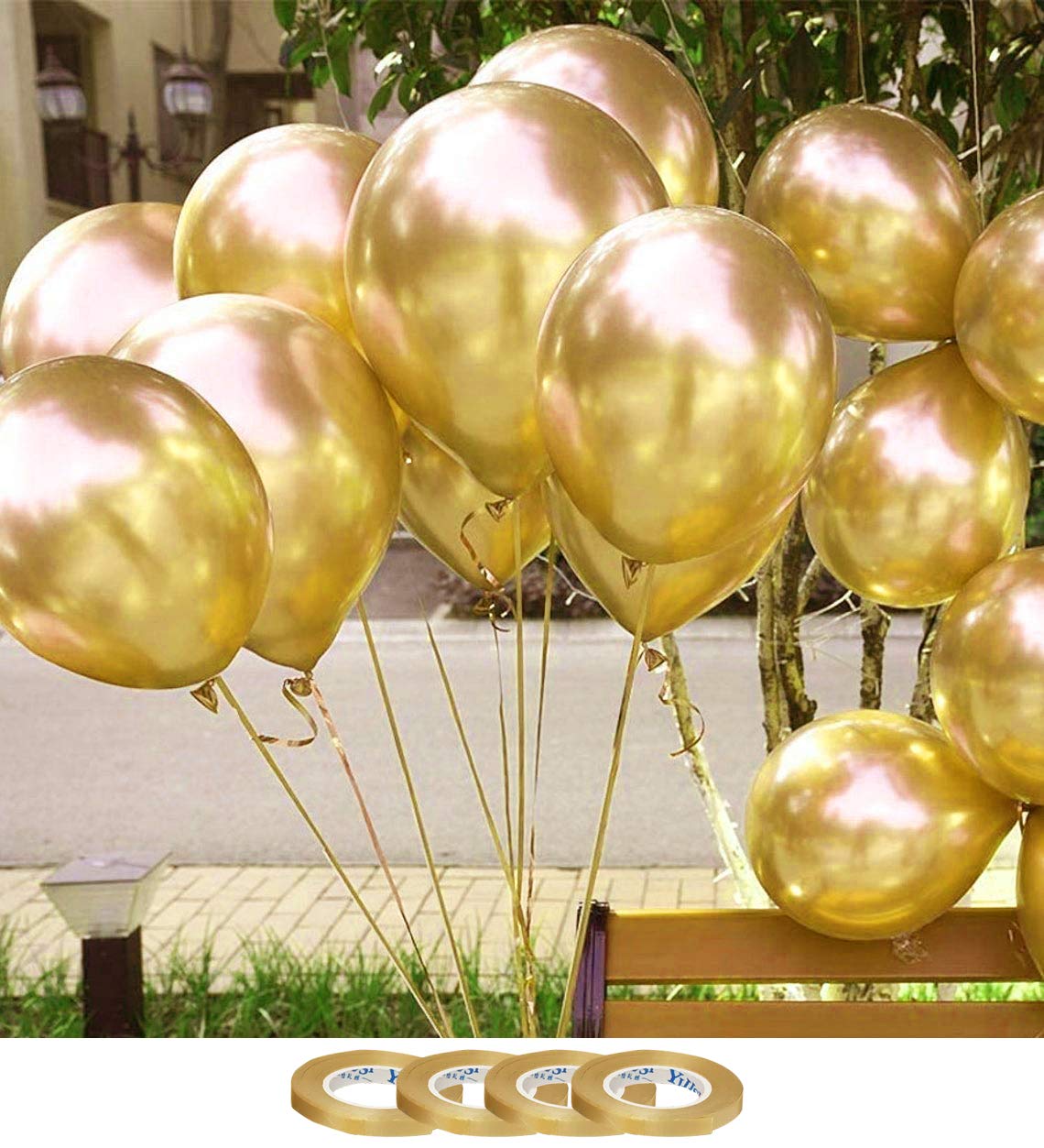 AMFIN® (Pack of 104) Gold Chrome Balloons with Matching Curling Ribbon for Birthdays, Functions and Party Occassions - Golden