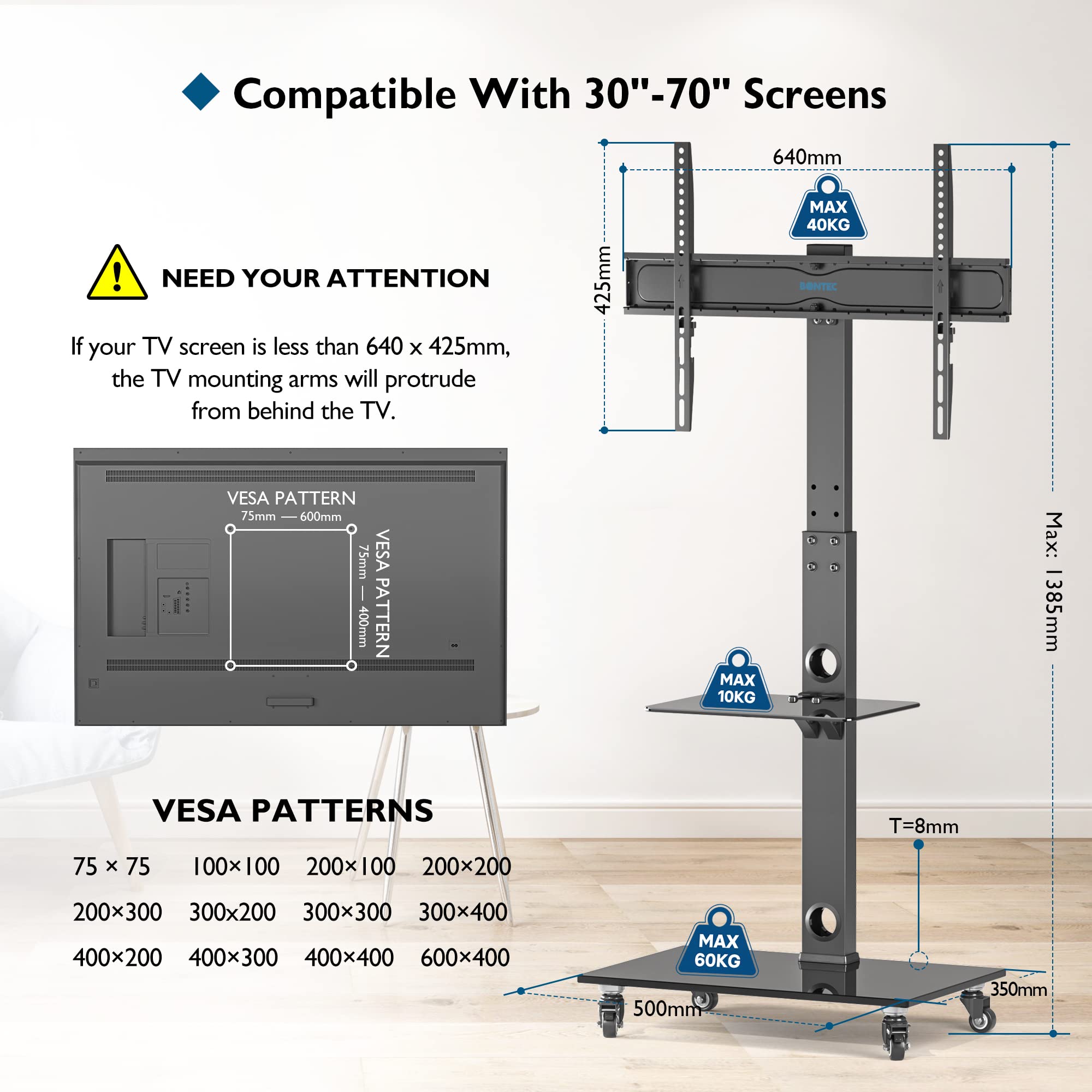 BONTEC Supporto TV da Pavimento 30-70 Pollici, Altezza Regolabile, Ripiani in Vetro Temperato, Carrello TV Portatile con Ruote, 40kg, VESA 600x400mm