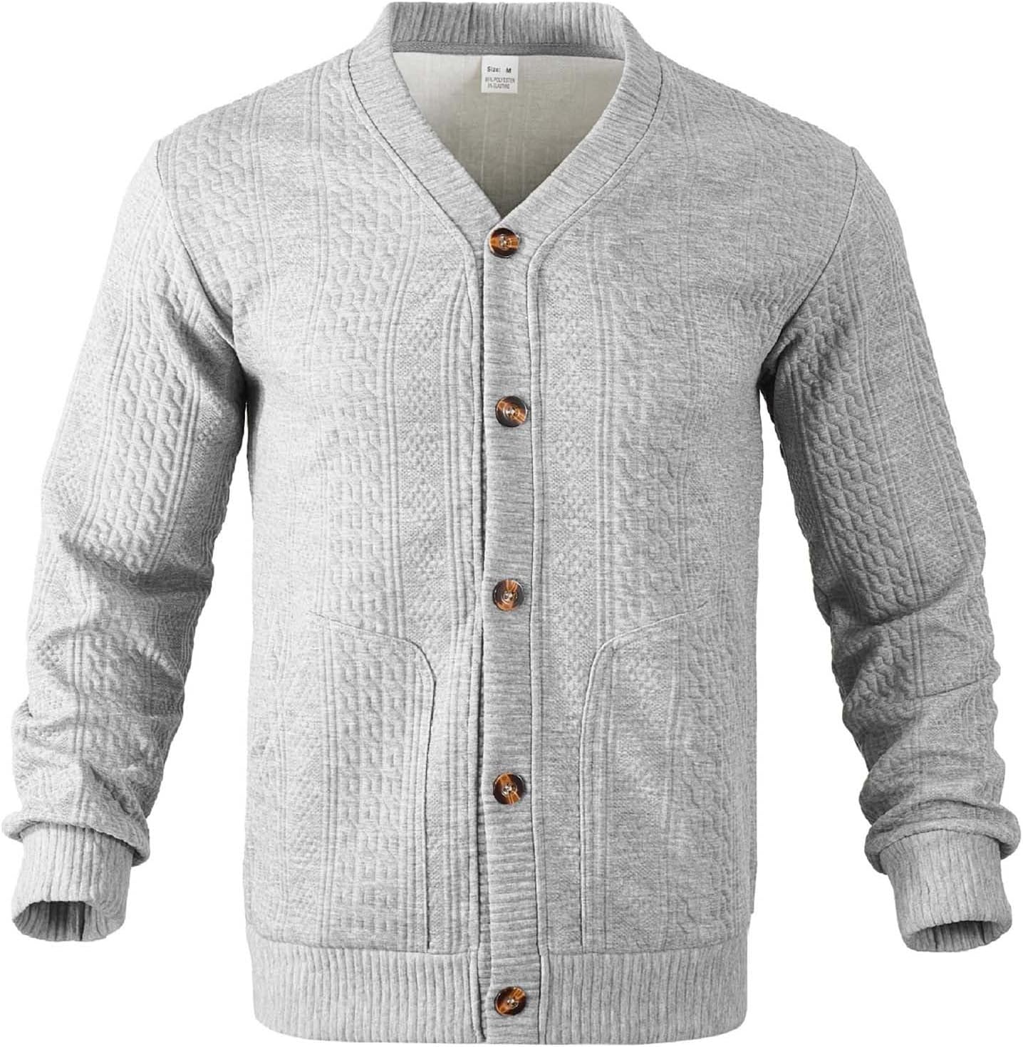 Mens Cable Knit Cardigan Sweaters Button Down V Neck Casual Coats