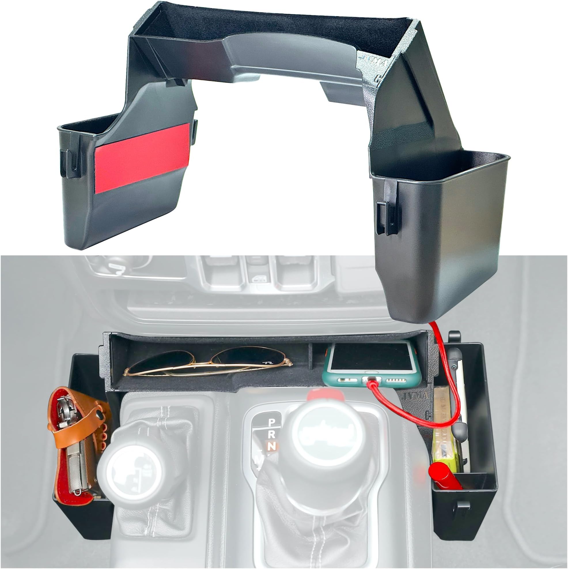 JVMA Center Console Gear Shift Organizer Tray for Jeep Gladiator JT Accessories and Wrangler JL JLU 2024 2023 2022 2021 2020 2019 2018 Storage Box, Car Trash Bag Hook (US Patent)