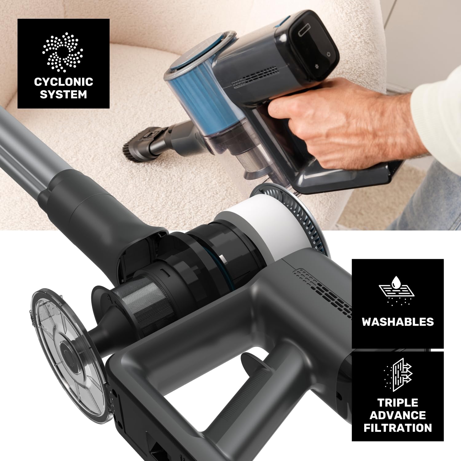 Taurus – Aspirador sin Cable Homeland Ideal Touch, Batería extraíble, Carga Rápida, 180W, 35 min autonomía, Filtro HEPA, Turbo Brush, LED, Pantalla Digital, Depósito 600ml, Accesorios