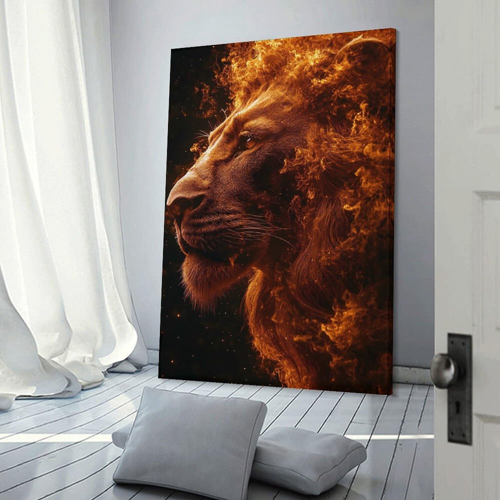 Junmoney Fiery Lion Profile Wall Art Print, 20x30inch(50x75cm), for Office, Study Or Home Workspace, Decorative Artwork for Productive Spaces