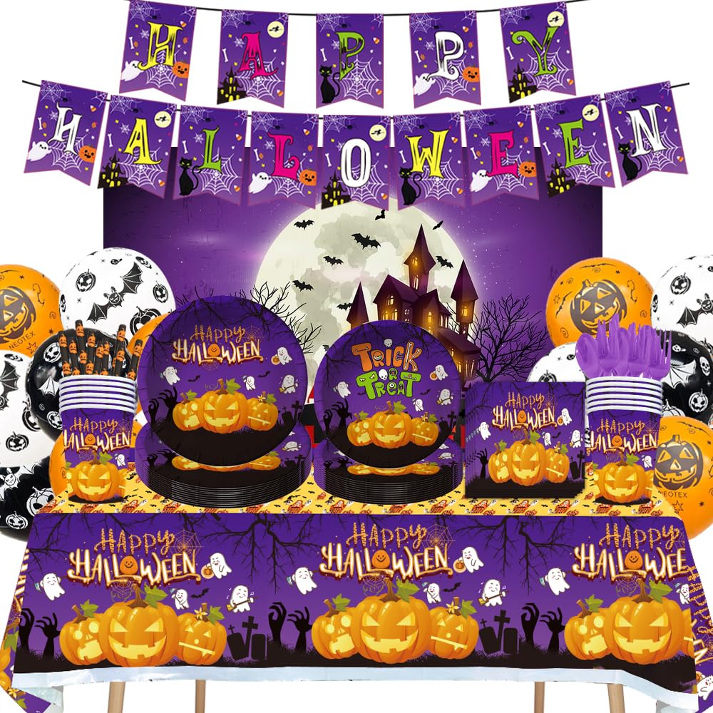 FUSU 72PCS Halloween Party Set Banner Tablecloths Plates Cups Napkins Tableware Decorations for Halloween Supplies, Serve 10 Guest