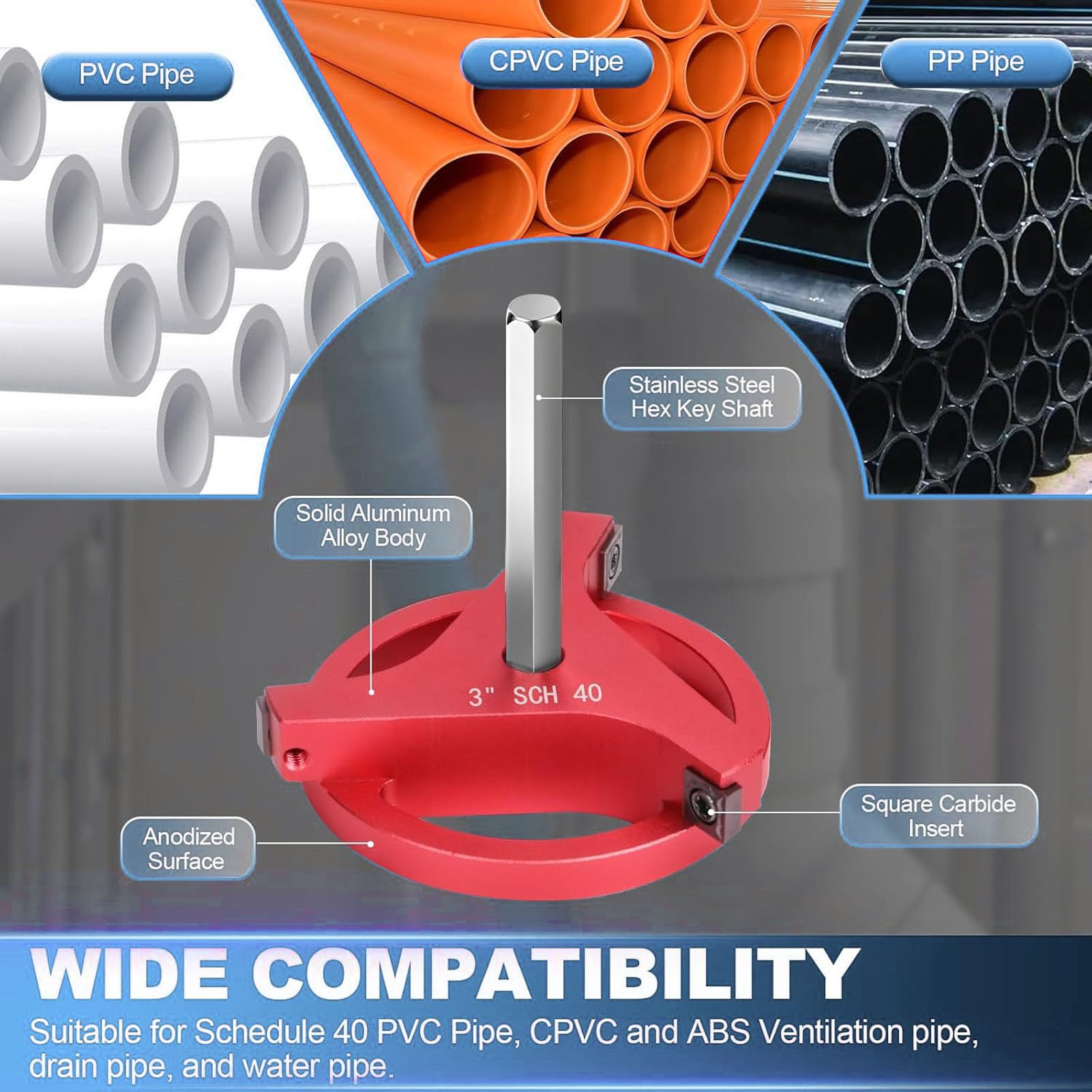 4 PCS PVC Pipe RAMER Kit avec 3 Inserts en Carbure carré, Alésoir à Trois Côtés à Triple carré pour 1-1/2 2 2 4 Pouces SCH40 PVC CPVC ABS Pipe de Tuyau D'économiseur