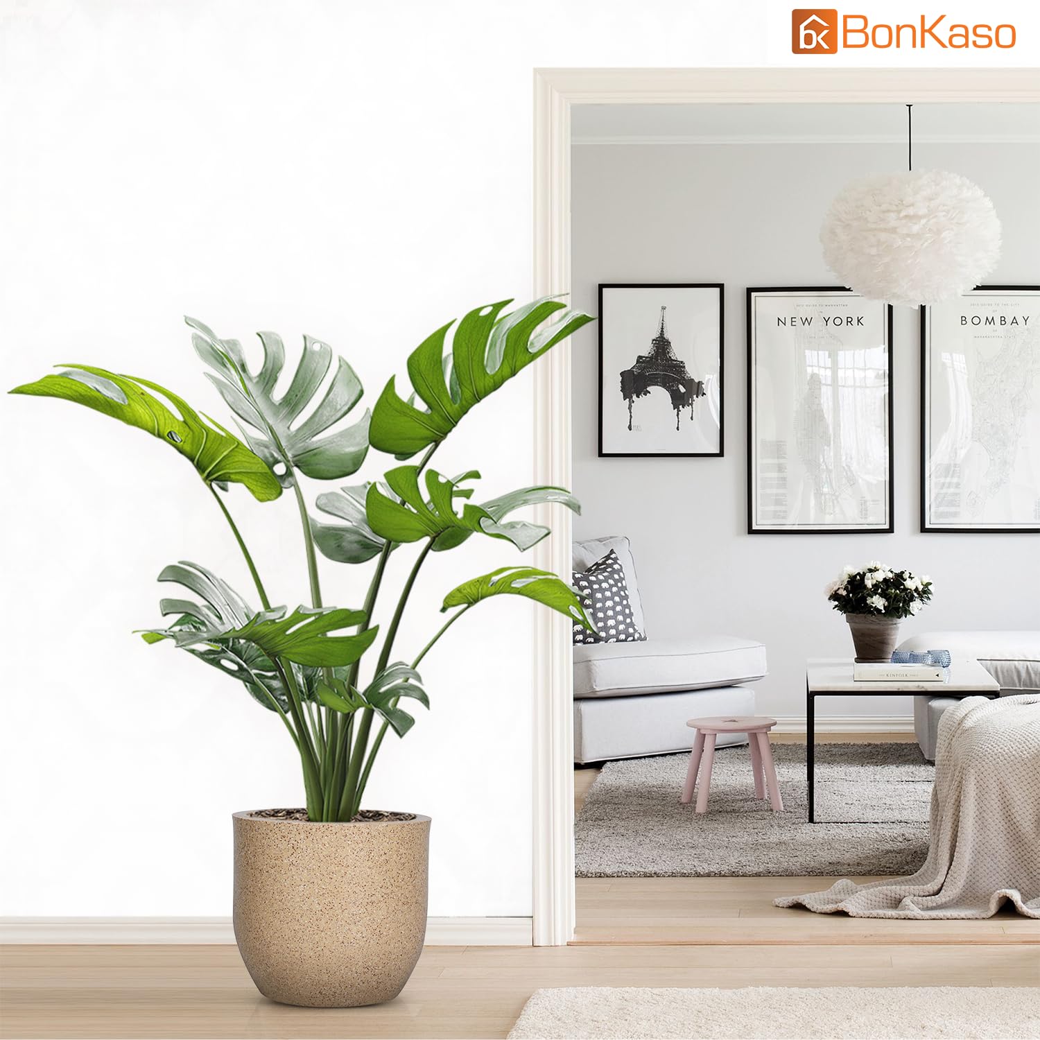 BonKaso 10 inch Beige Marble Finish Pot – Tall, Durable & Lightweight Polymer Jaguar Round Planter for Indoor & Outdoor Use: Home, Office, Garden & Balcony (Gamla/Gamale) - Image 7 thumbnail