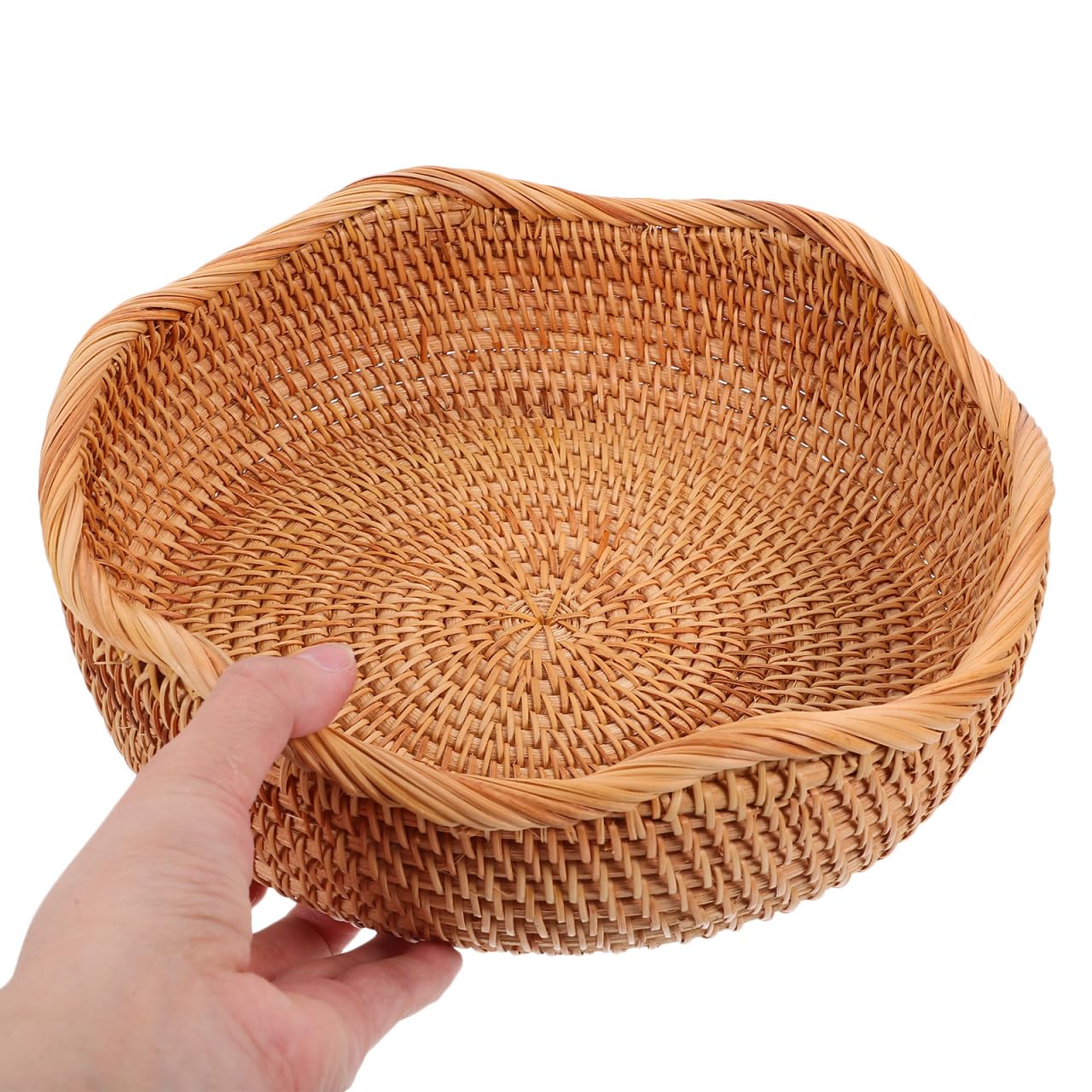 Cesta de pan de ratán trenzado redonda 9,96 x 9,96 x 3,11 pulgadas, bandeja de pan para pan, aperitivos y frutas, pequeña cesta de almacenamiento para mostrador de cocina y servir