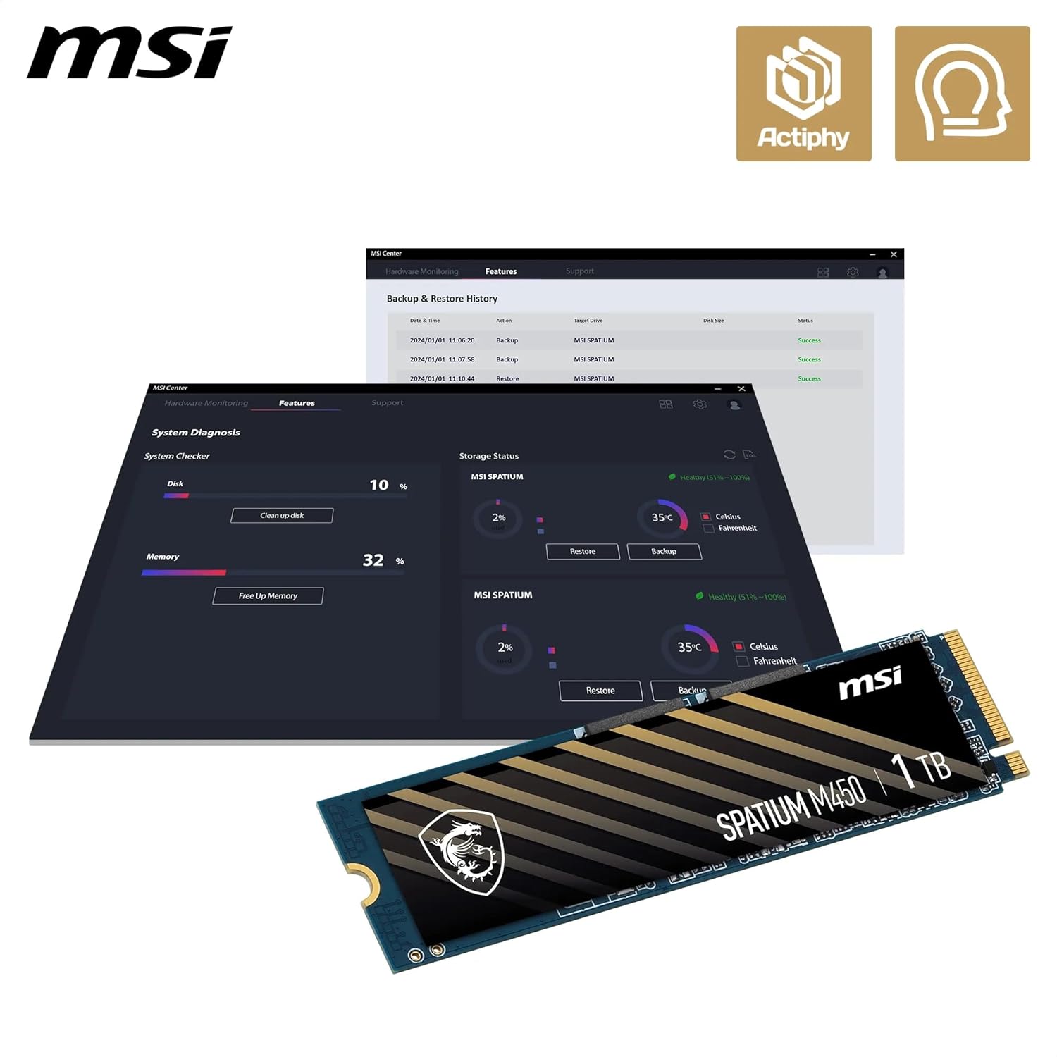 MSI SPATIUM M450 SSD 1TB - PCIe 4.0 NVMe M.2 V1 Internal Solid State Drive, 3400MB/s Read & 2400MB/s Write, 3D NAND, Built-in Data Security, Center - 5 Year Warranty (350 TBW)