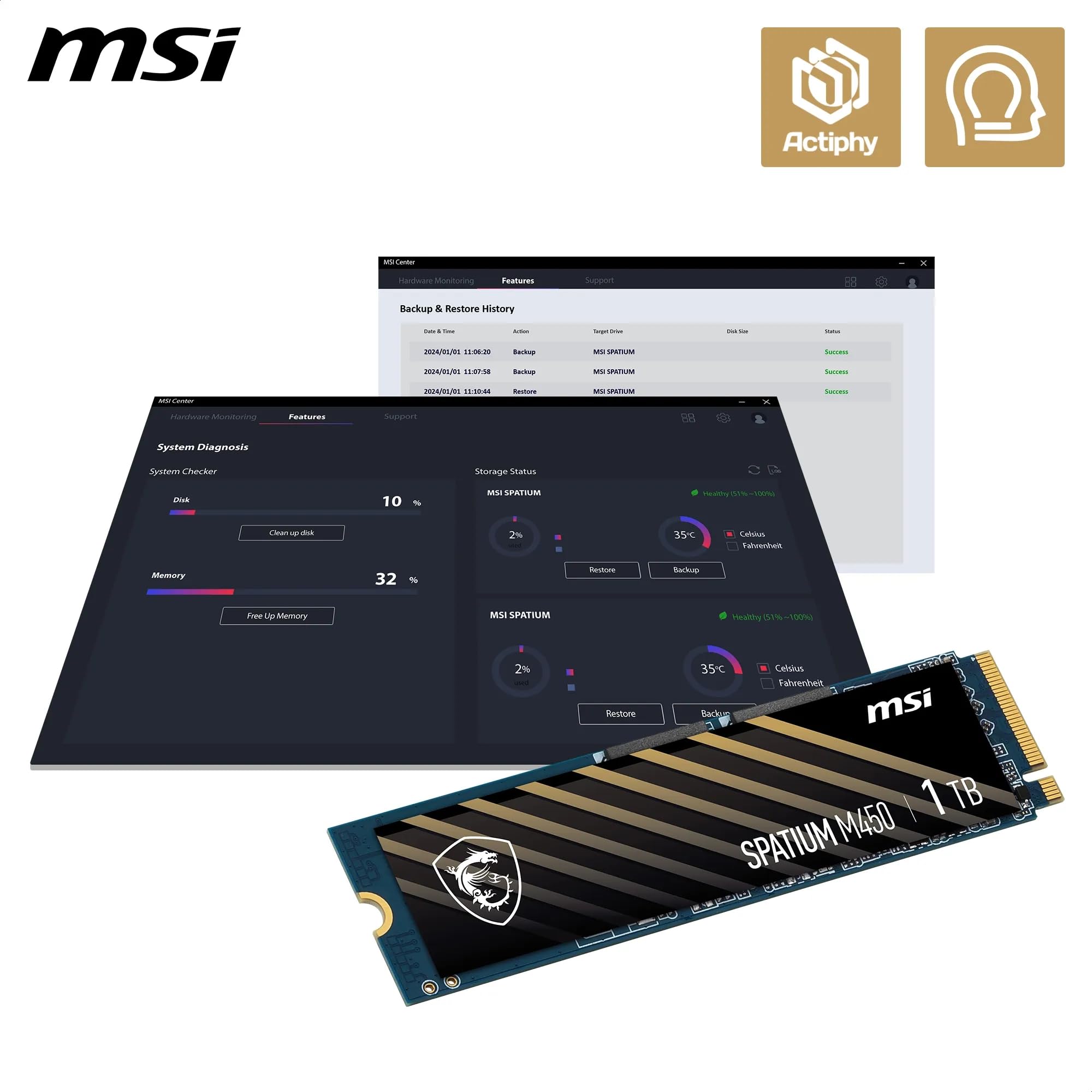 MSI Spatium M450 SSD 1TB PCIe 4.0 NVMe M.2 V1 Unidad de Estado sólido Interna, 3400MB/s de Lectura y 2400MB/s de Escritura, 3D NAND, Seguridad de Datos integrada, Center