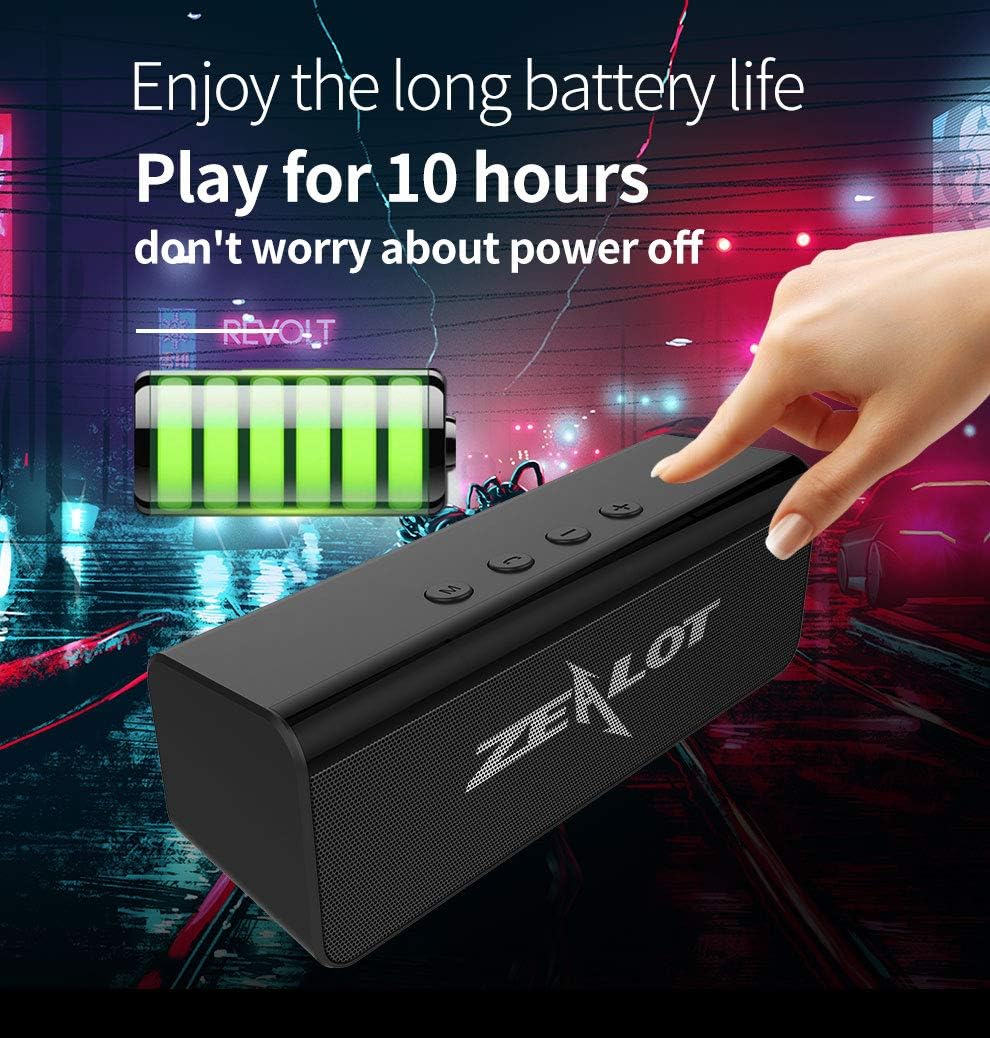 Image showing the SmartE Zealot S31 speaker with a battery life indicator and a hand interacting with buttons.