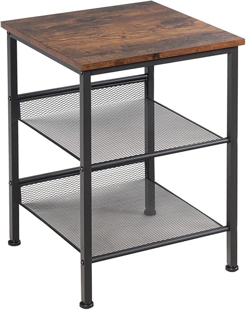 Multigot 3-Tier Side Table, Industrial Sofa End Table with Adjustable Mesh Shelves, Metal Frame Bedside Nightstand for Living Room Bedroom Office