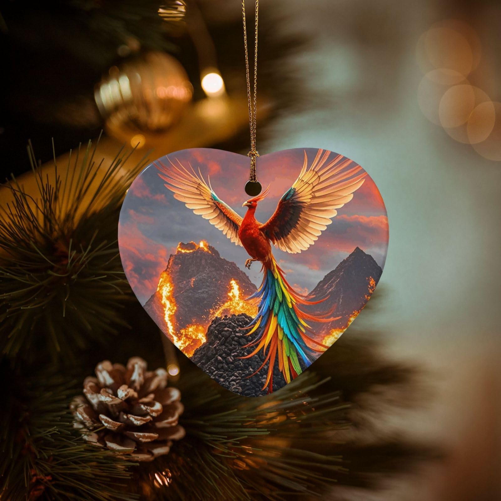 Christmas Ornaments for Christmas Tree Decoration Hanging Phoenix and Fire Ornament with Gold Ribbon Crafts Heart Shape Ceramic Pendant for Keepsake Gifts Xmas Decor Party Supplies