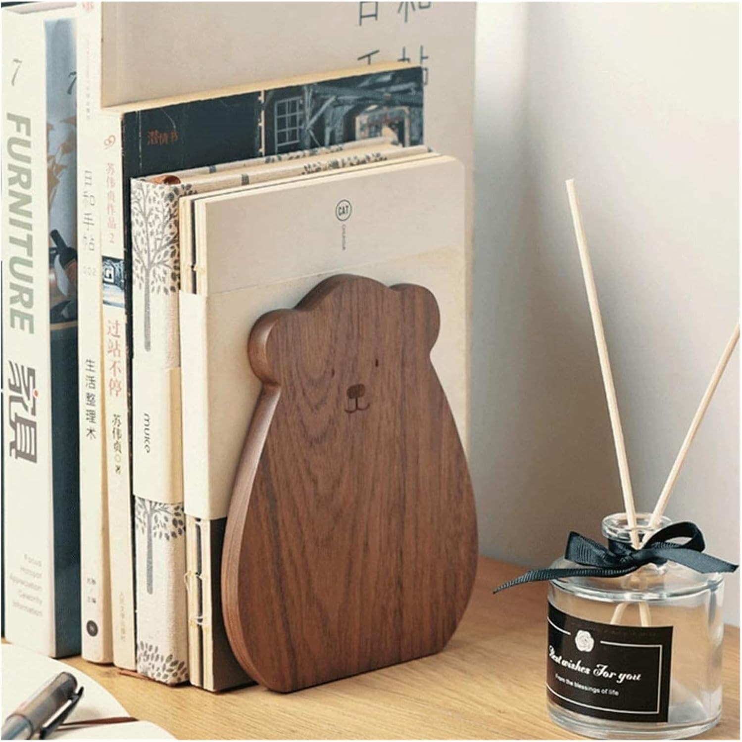ブックエンド 無垢材ブックストッパーデスクトップオーガナイザーブックストッパー子供用5.9x4.7x4.2インチブックエンド子供用
