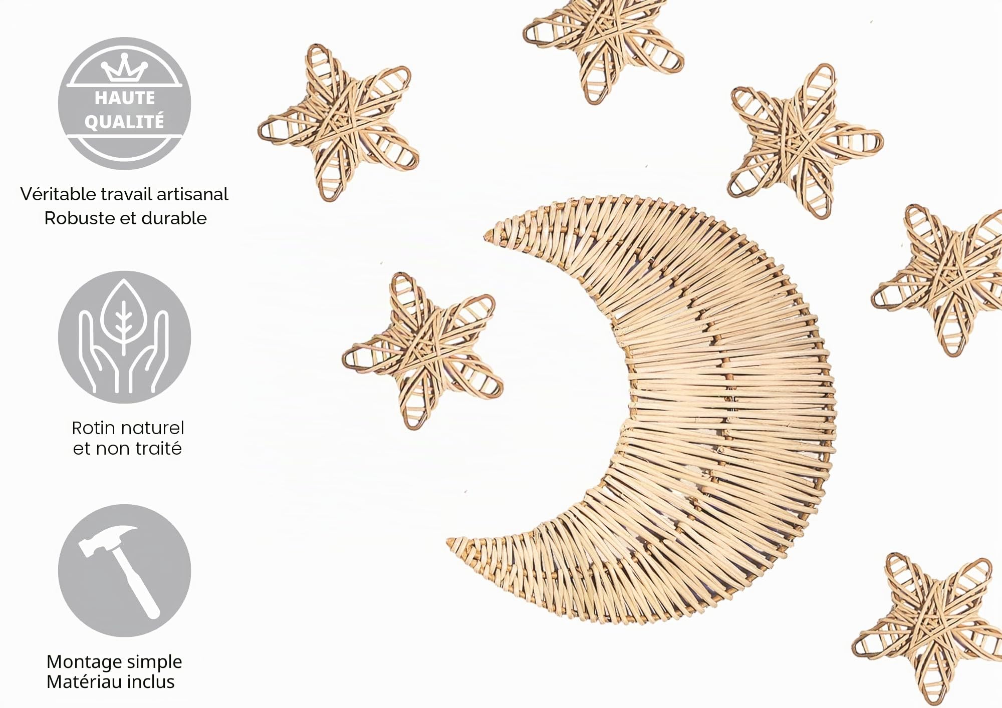 WAIKUA Lot de 10 étoiles en rotin - Décoration murale bohème faite à la main pour chambre d'enfant, chambre de bébé et salon - Décoration murale naturelle en rotin non traité, 25 cm