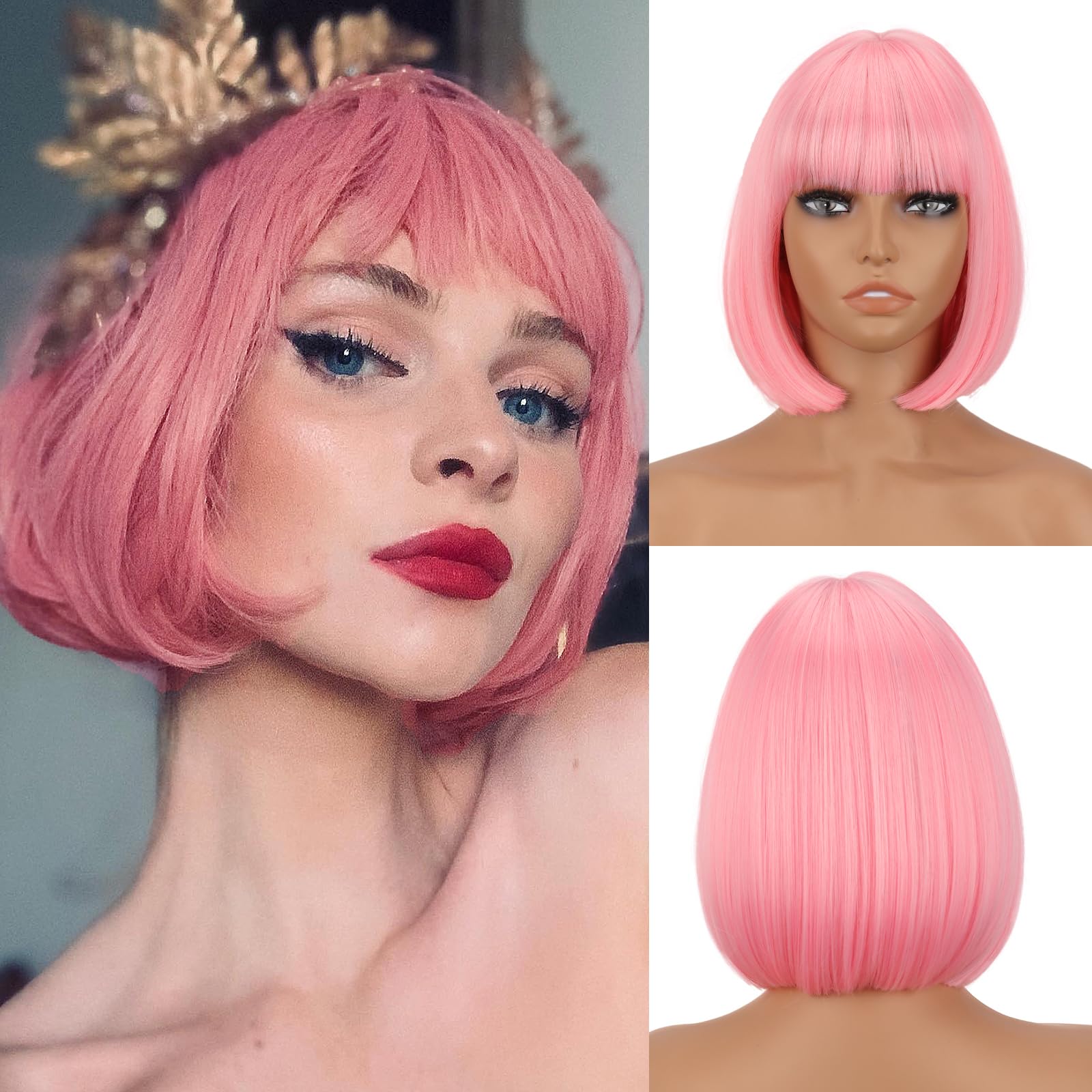 Pink Synthetic Hair Women Wig Bob Style With Bangs Lace Undercap Bubblegum Pink Elegant Light Pink Wig, Bob Wig With Bangs, High Density  main image 4