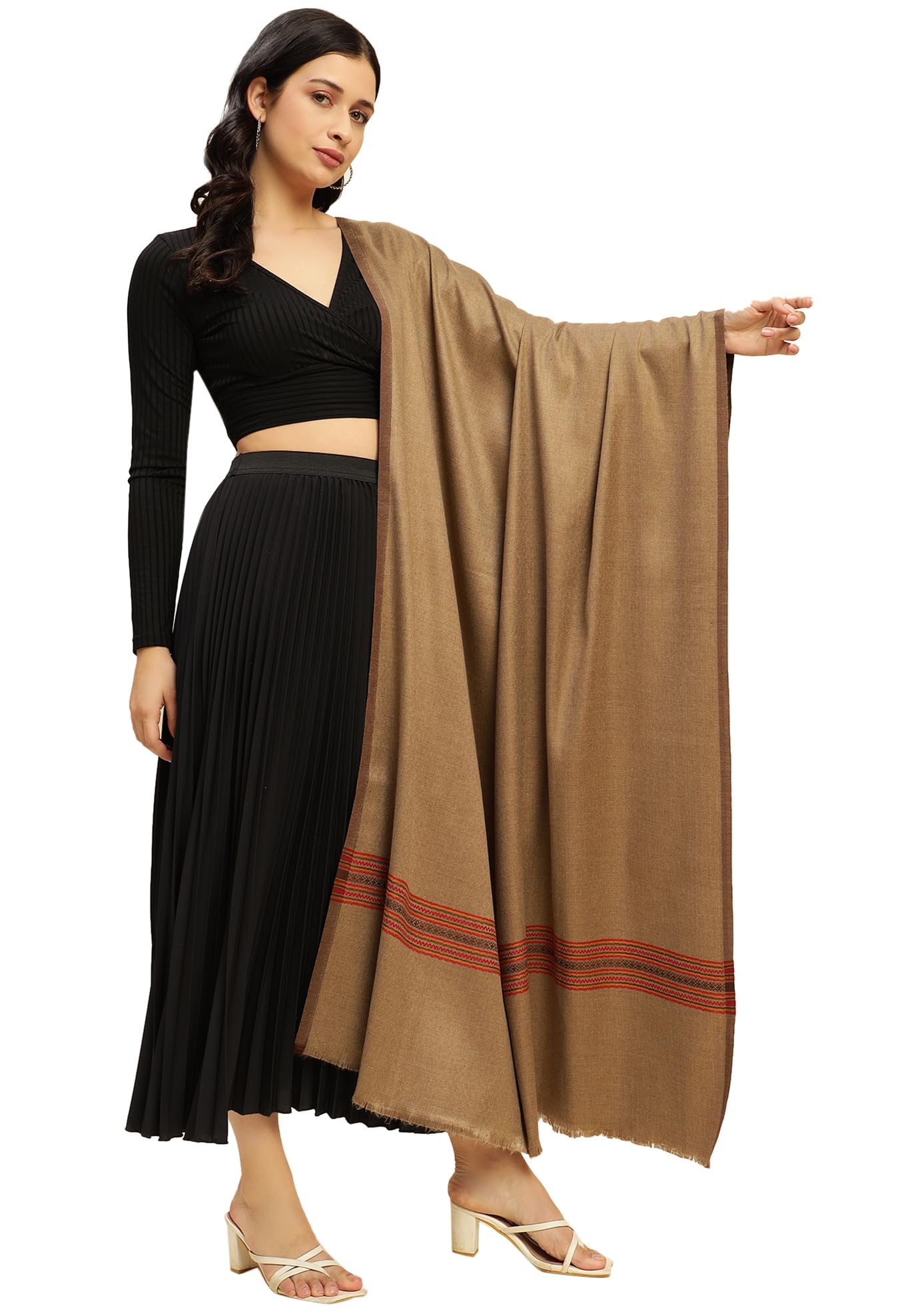 Weavers Villa Women's Poly Wool Kullu Border Lohi Shawl, 112cm x 225cm