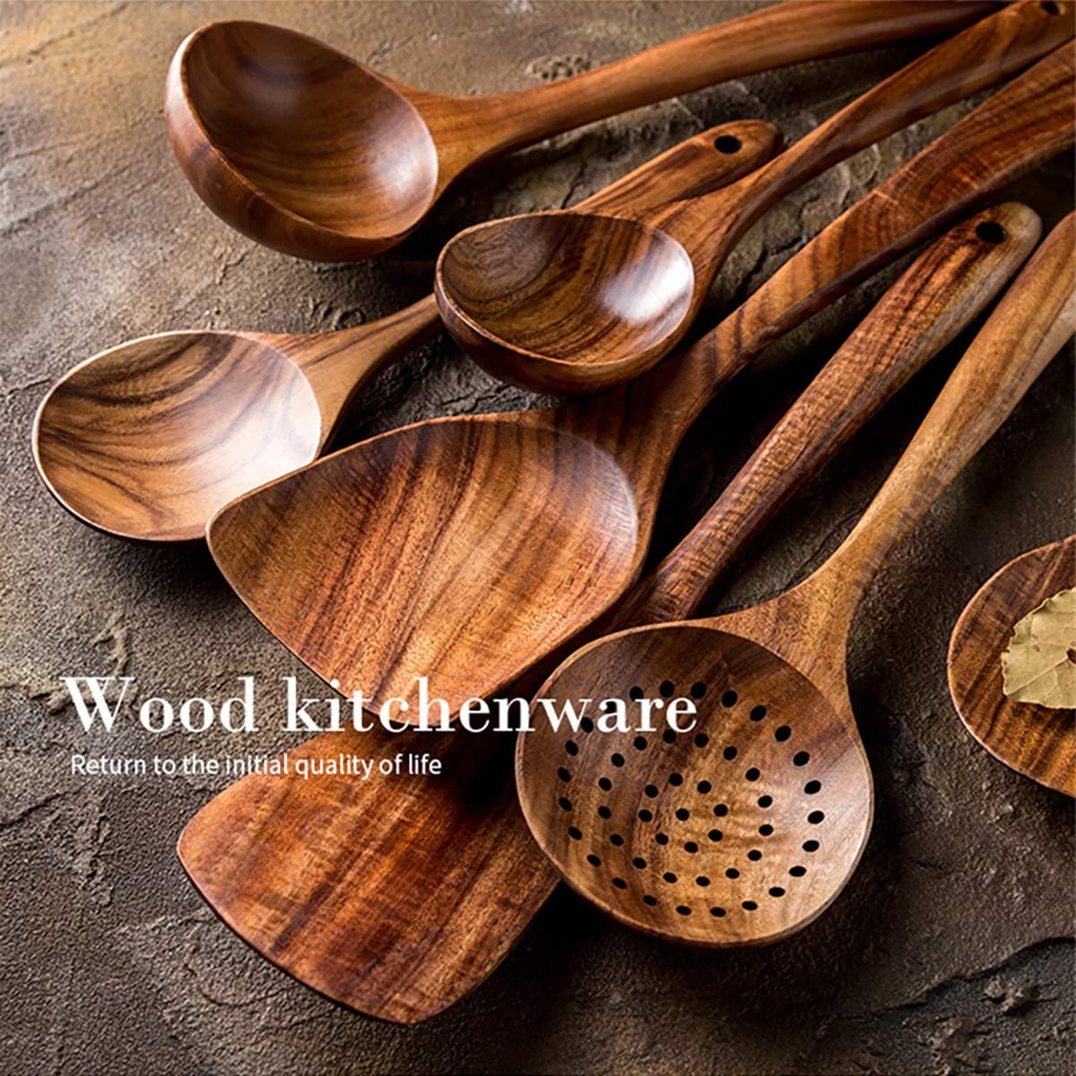 ECYC Home Wooden Spoon Spatula Kitchen Cooking Spoons Hot Pot Colander Rice Spoon Teak Natural Wood Kitchen Tools Set