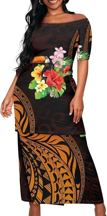 Polynesian Tribal Samoa Puletasi Set Dress Puletaha Ladies Off Shoulder Top and Skirts 2 Pcs Skirt Set Dress