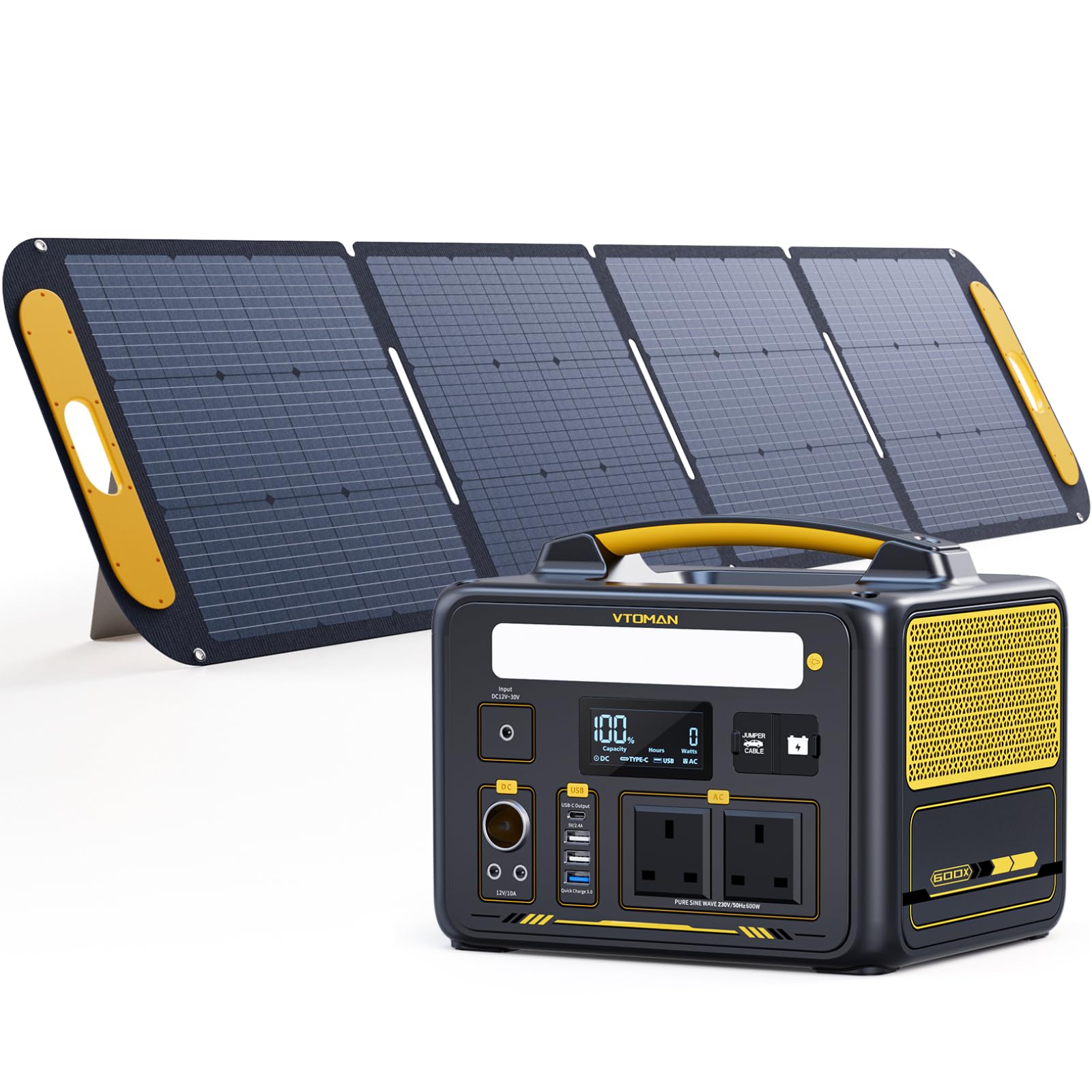 Vtoman Yellow Jump 600X Portable Power Station With 200W Solar Panel - 600W/299Wh Lifepo4 Battery Solar Generator With 600W Constant-Power, Pd 60W Type-C, Capacity Expandable For Camping, Home Backup