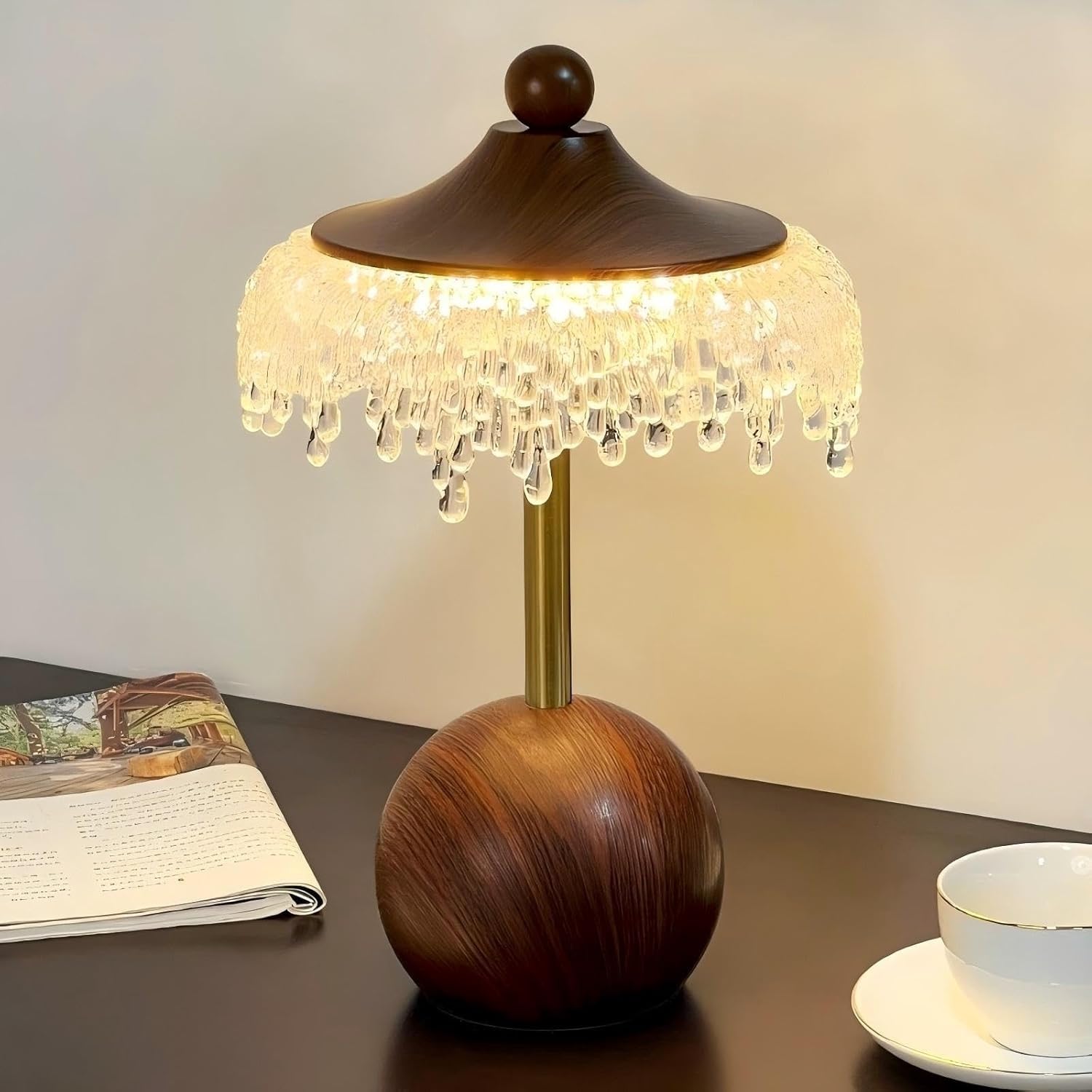 LYSDjia Table lamp Wooden Base Water Drop Mushroom Table Light Crystal lampshade Bedside lamp LED Farmhouse Antique Rustic Industrial Decorative End Table Lighting for Entryway Passway Side Table