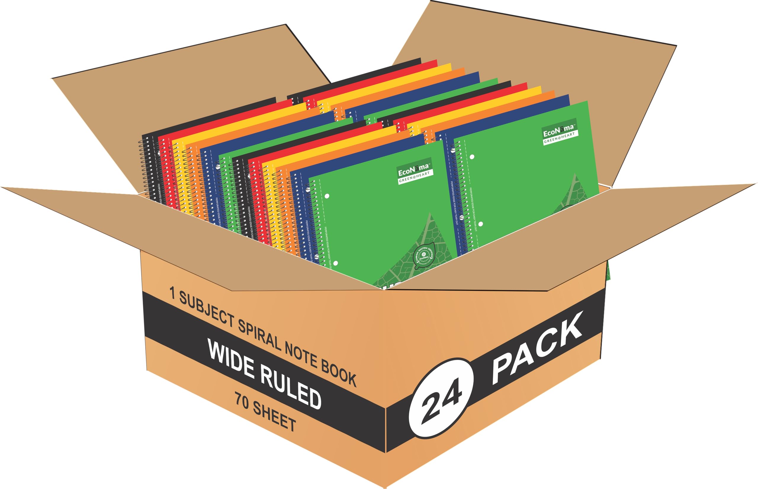 Cuaderno en espiral con rayas anchas, 140 páginas (70 hojas) de 8 x 10.5 pulgadas, carbono perforado neutro, 3 agujeros, ecológico, suministros escolares y de oficina, paquete de 24 colores