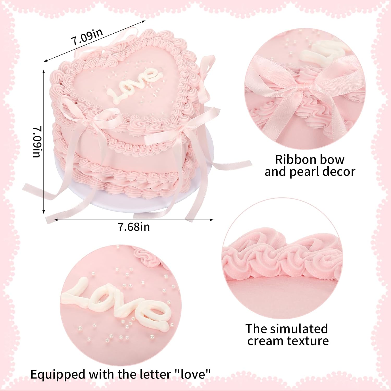 YEXEXINM 7 in Pink Bow Fake Cake, Heart Shaped Artificial Birthday Cake with Pearls and Love Word, Faux Bakery Display Cake Model for Wedding Party Decoration, Photography Props, Shop Window Display