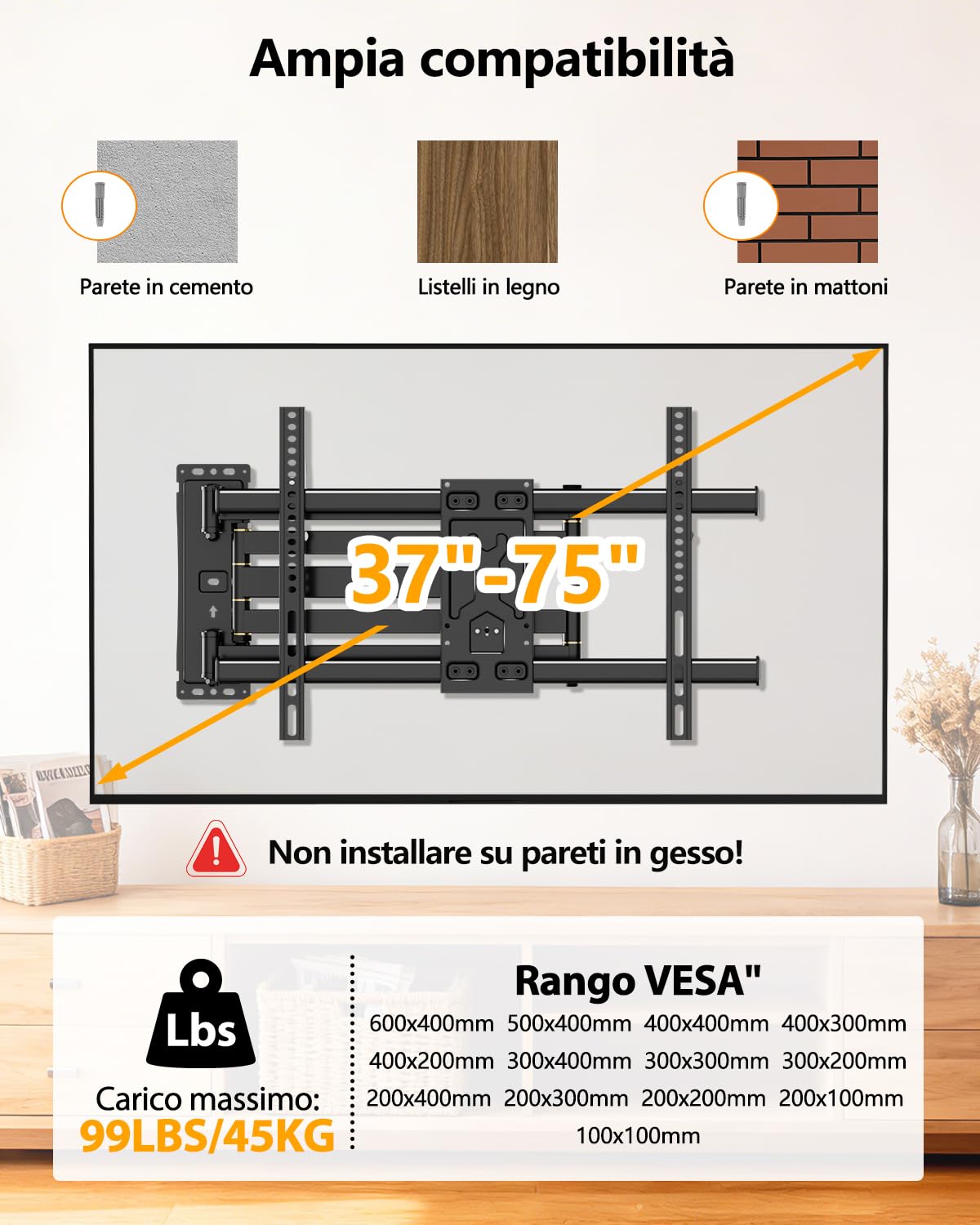 FORGING MOUNT Staffa da parete per TV a lunga portata, braccio lungo 1015 mm per TV da 37-75 pollici, staffa angolare per TV, 3 bracci articolati, supporto TV con movimento completo, orientabile