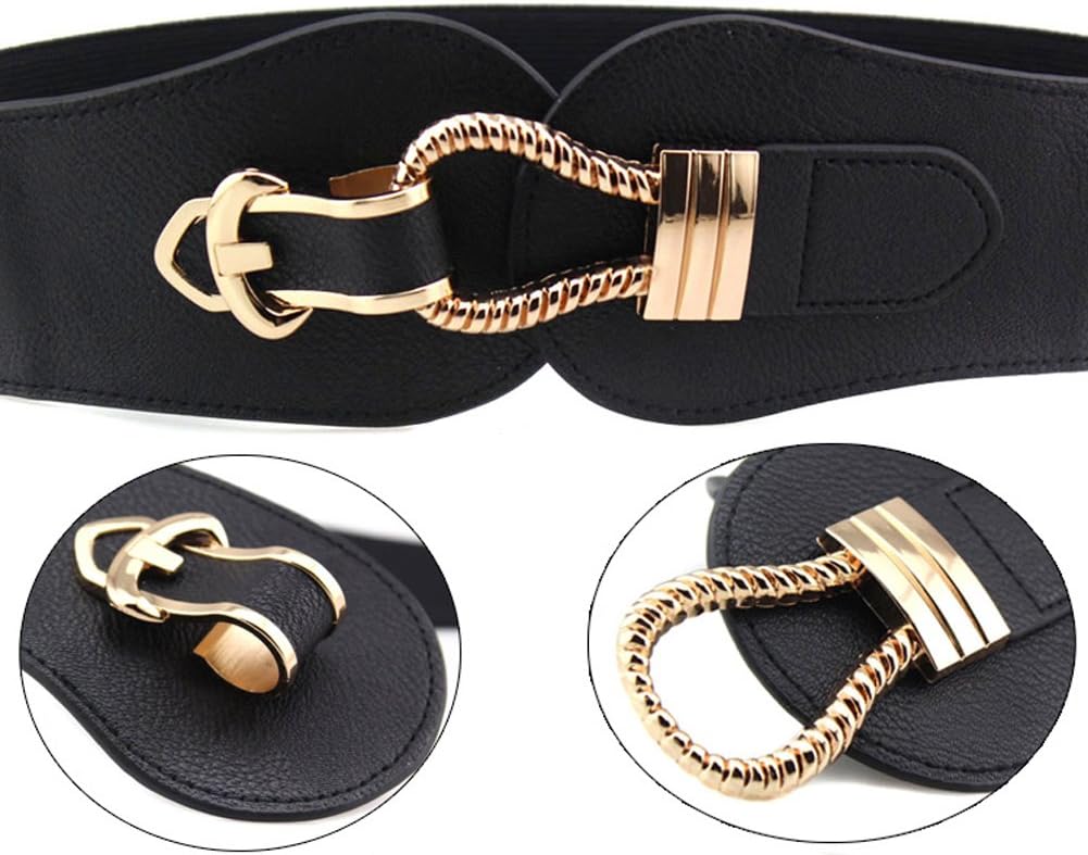Feluz Women Wide Belts Elastic Cinch Stretch Band Wrap Metal Buckle Decorative Retro High Waist Belt for Dresses image 5