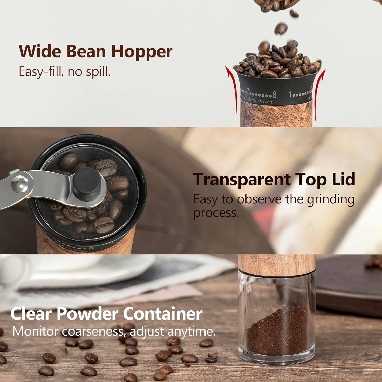 SYLORIA Manual Coffee Grinder with 56 External Adjustable Settings Hand Coffee Bean Mill with Ceramic Burr and Foldable Handle