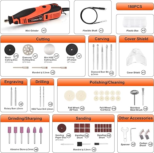 Miniatura 6 de GOXAWEE Rotary Tool Kit with 180 Rotary Tool Accessories  Flex Shaft  Universal Collet 5 Variable Speed Rotary Multi-Tool Mini Electric Drill Set