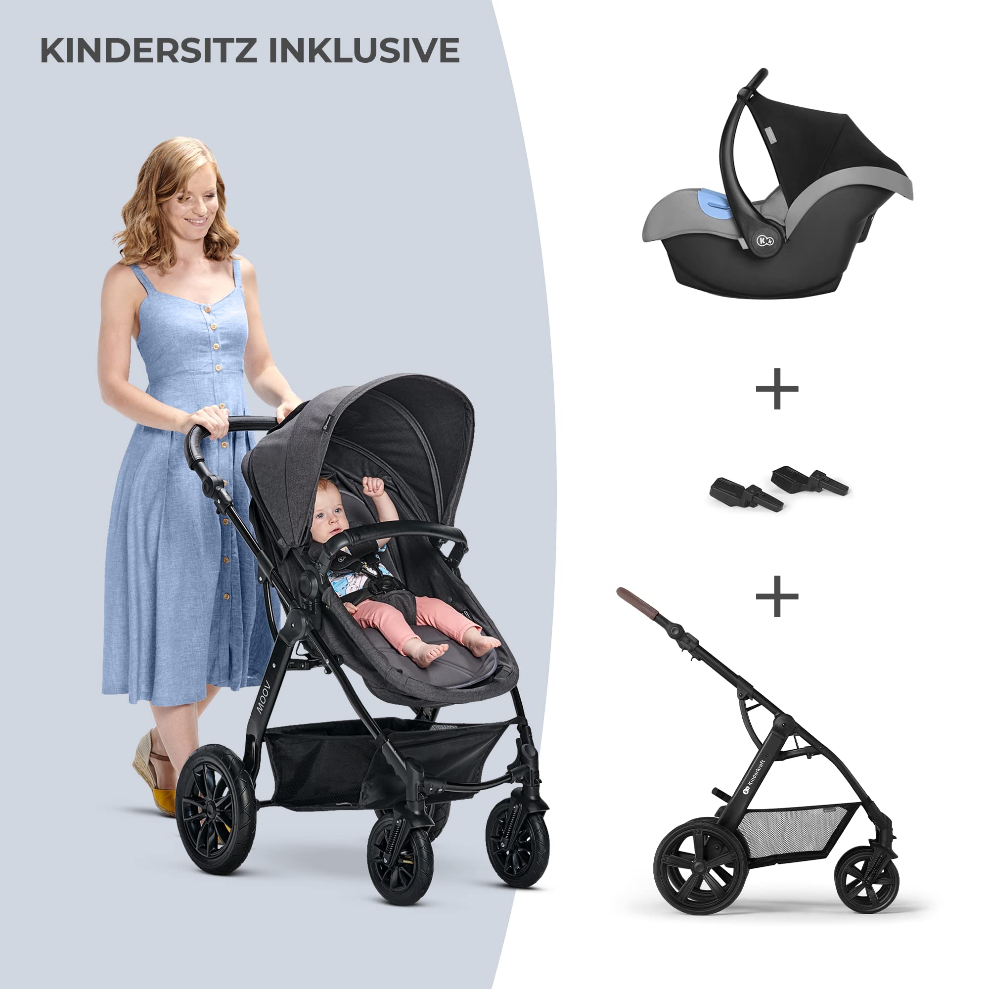 kk Kinderkraft Kinderwagen 3 in 1 MOOV, Kinderwagenset, Sportwagen, Buggy,  Babyschale, Groe Rder, Luftreifen Hohe, Verarbeitungsqualitt, Bequemer,  grau : Amazon.de: Baby