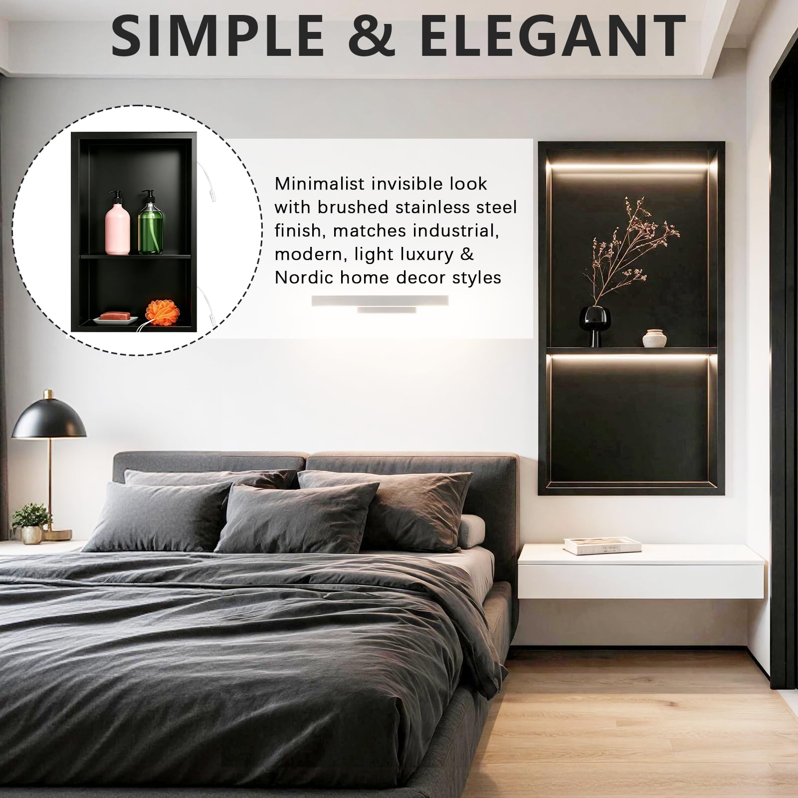 Nicho De Ducha con IluminacióN Led, Nicho De Ducha Empotrado En Pared Acero Inoxidable Impermeable De 45x30cm para Almacenamiento Y DecoracióN En El BañO Luz Led CáLida 4000k (No Regulable)