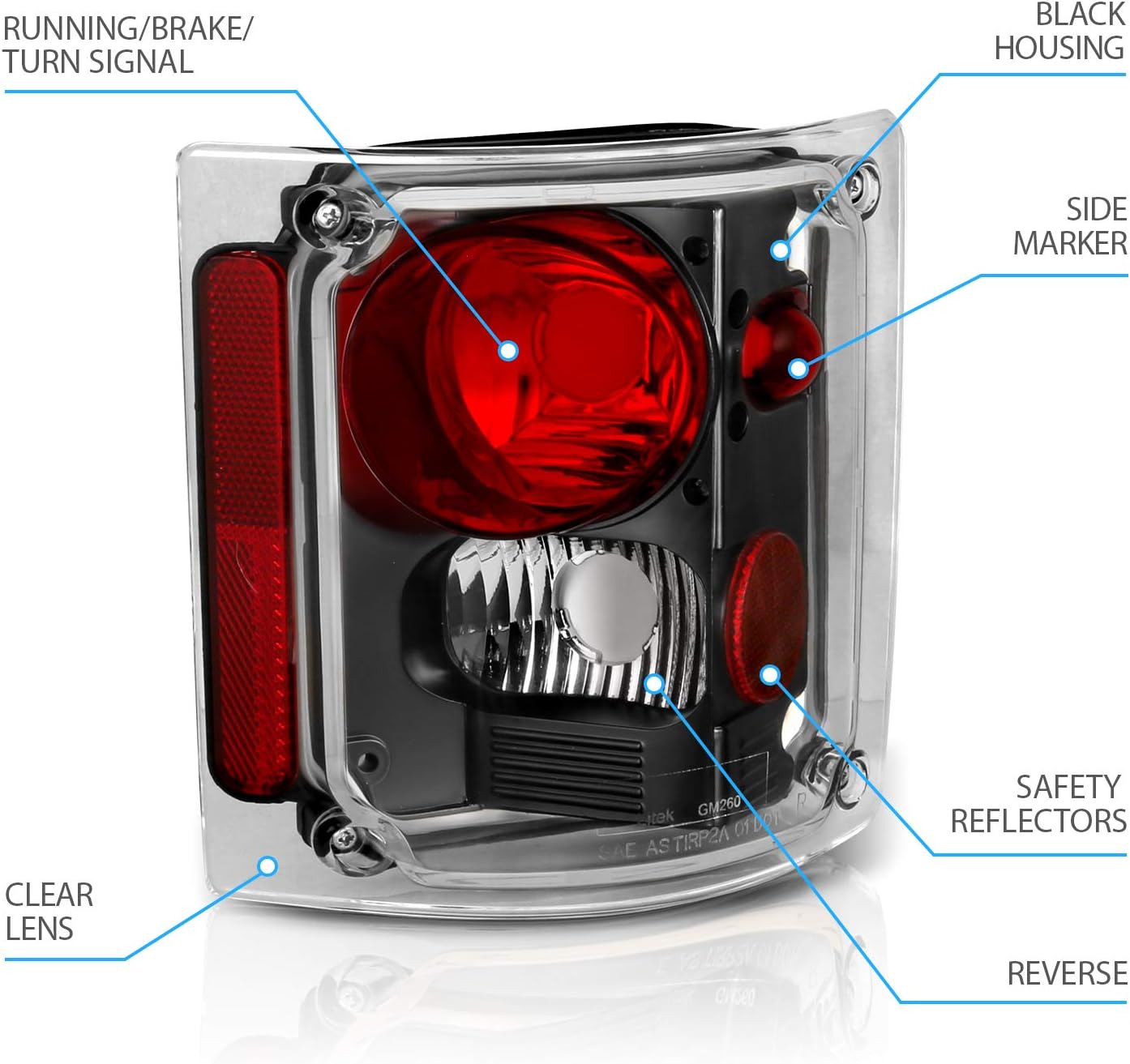 AmeriLite Black Housing Replacement Tail Lights Assembly Set For 1973-1991 Chevy GMC Full Size 1500 2500 3500 Pickup - Passenger and Driver Side