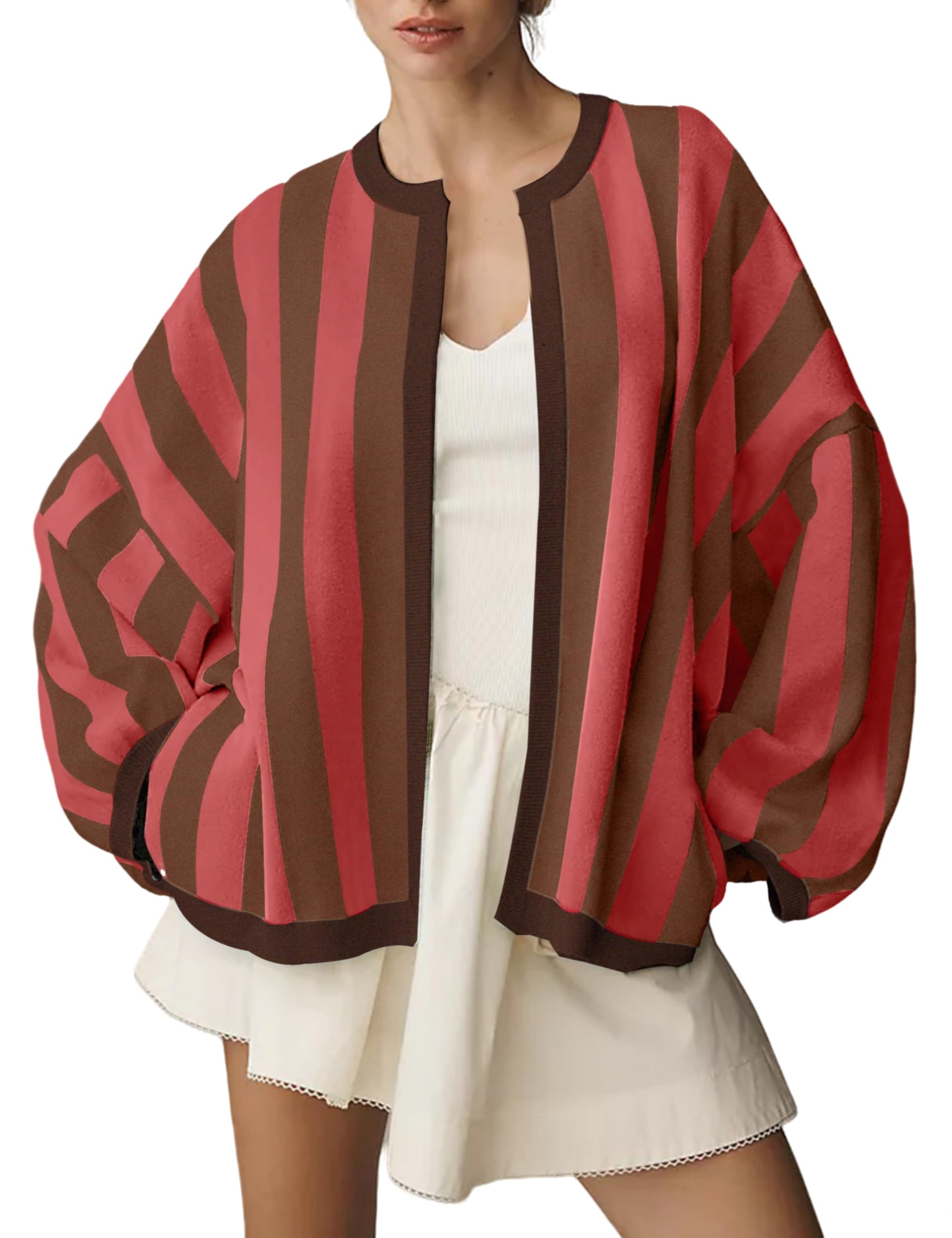 Womens Casual Loose Fit Striped Cardigan Long Balloon Sleeves Open Front Knit Sweater