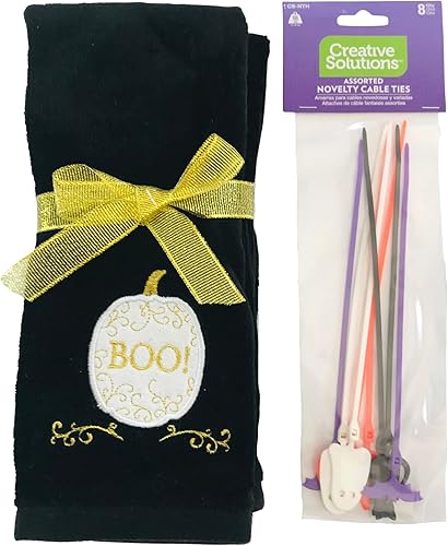 Miniatura 3 de Serafina Home Toallas de Halloween para los dedos toallas negras de felpa con diseño bordado de calabaza blanca boo, juego de 2 piezas, 11 "x 18"