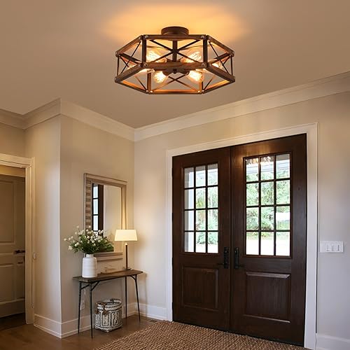 Miniatura 3 de Lámpara de techo empotrada de madera rústica grande de 20 pulgadas, de madera de roble y jaula de metal, lámpara de techo semiempotrada para