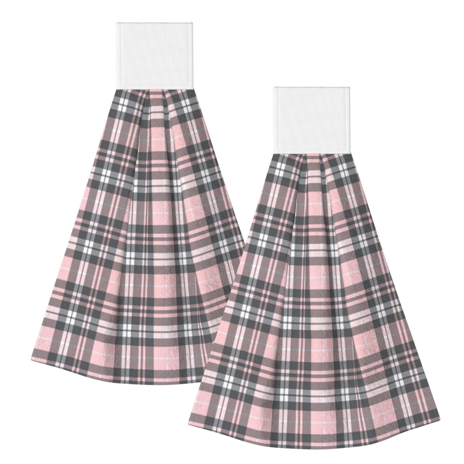 DOPKLNA Pink Grey Plaid Tartan, 2 Pcs Hanging Coral Fiber Hand Towels for Bathroom, Absorbent Kitchen Towels
