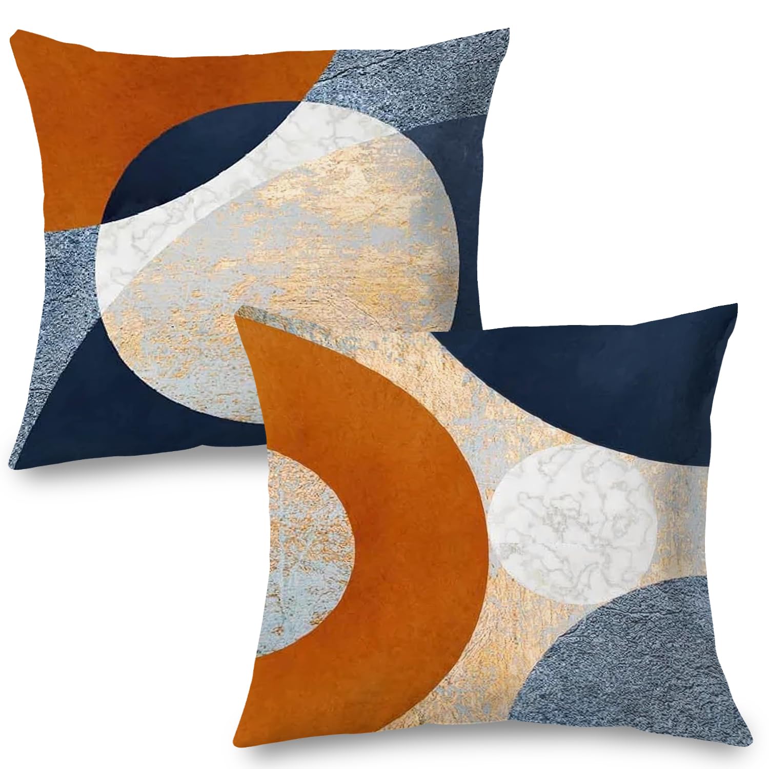 Supwhd Abstract Modern Boho Pillow Covers 18x18 Set of 2, Navy Blue Orange Gold Textured Circles Decorative Pillow Covers for Bedroom Living Room,