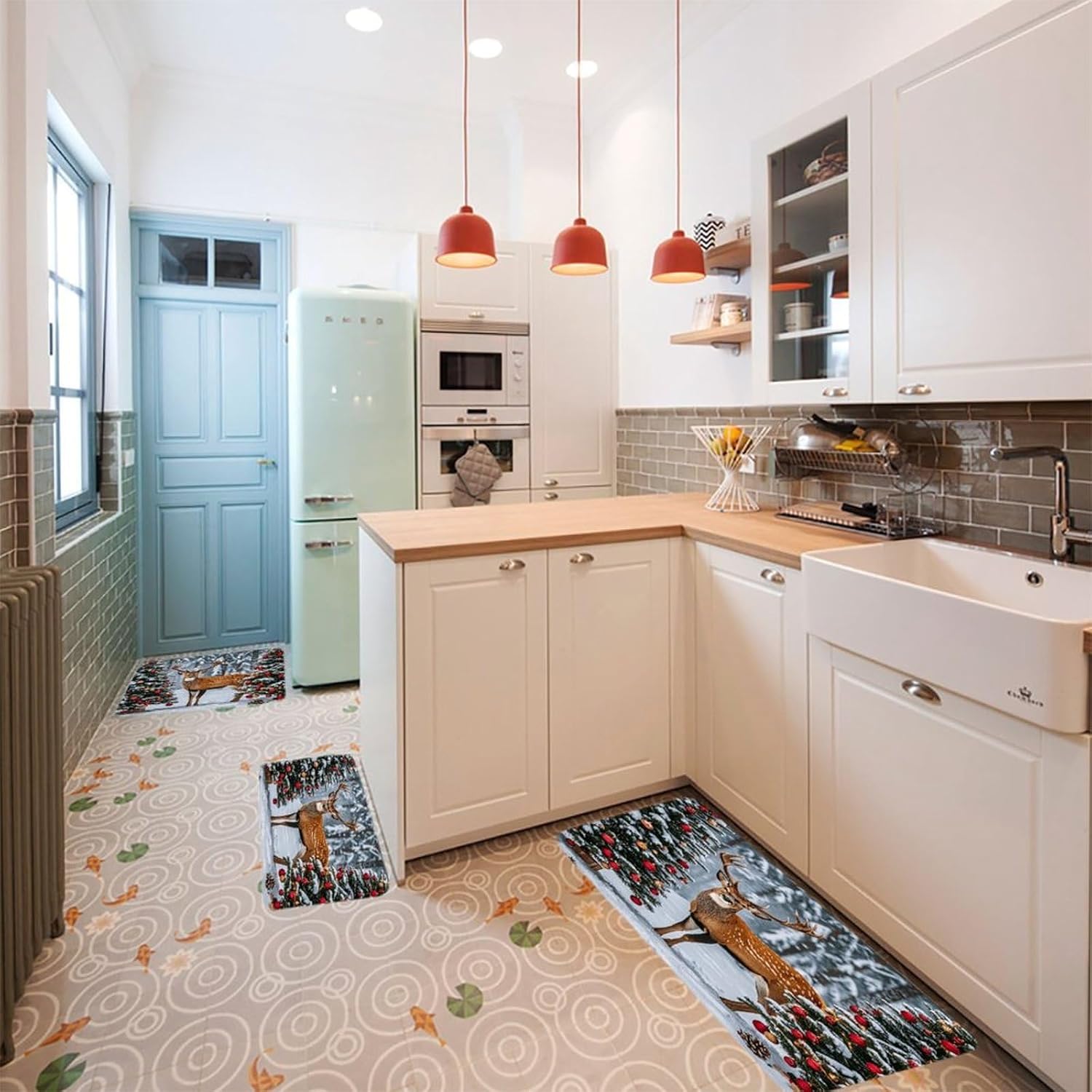 Cow Deer Trees Christmas Kitchen Mats Soft Absorbent Rugs for Floor Non Slip Washable Kitchen Mats Fashion Rectangular Rugs for Three-Piece Set for Laundry Office Home Sink