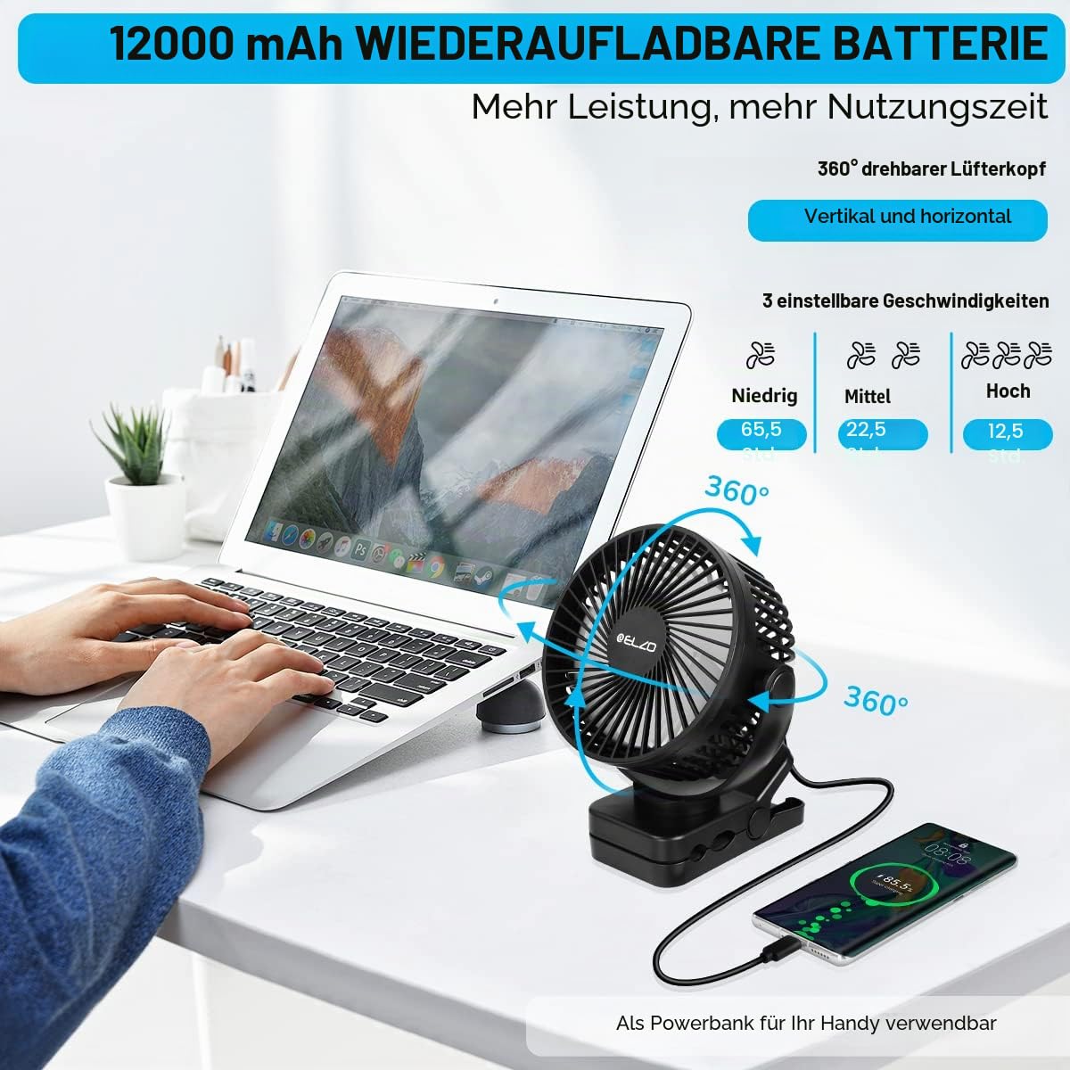 ELZO 12000mAh Camping Ventilator, Wiederaufladbarer Tischventilator USB Mini mit LED Licht, 360° Drehung Leise Fernbedienung