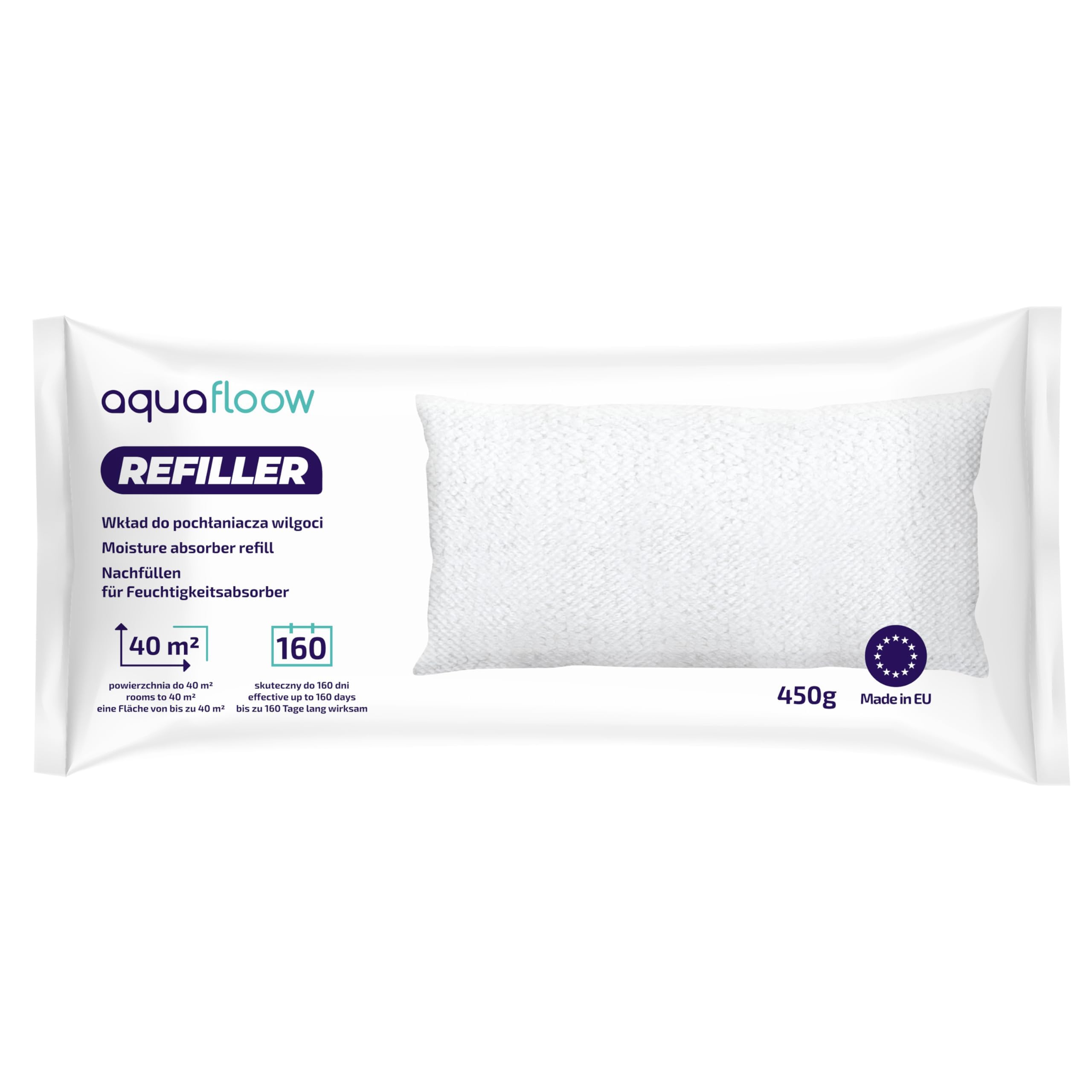 Aquafloow 40 Pezzi Sacchetti di Ricarica per Deumidificatore 450 g | Contro Condensa, Muffa e Cattivi Odori, per Ambienti Fino a 40 m² | Ideale per Cucina, Bagno, Ufficio, Auto