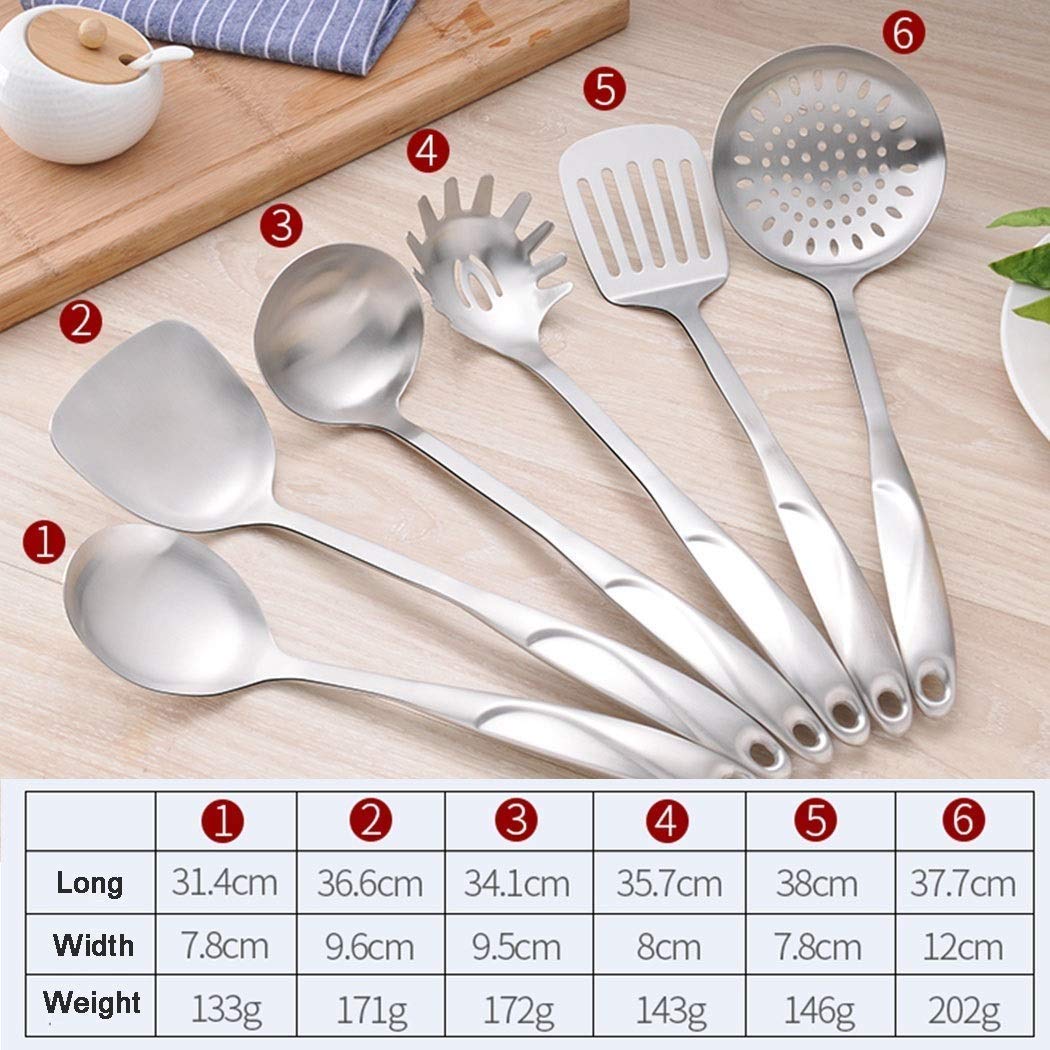 Set di utensili da cucina in acciaio inox, 6 strumenti essenziali tra cui cucchiaio scanalato, spatola scanalata, cucchiaio grande, mestolo da minestra e spatola per una preparazione versatile dei