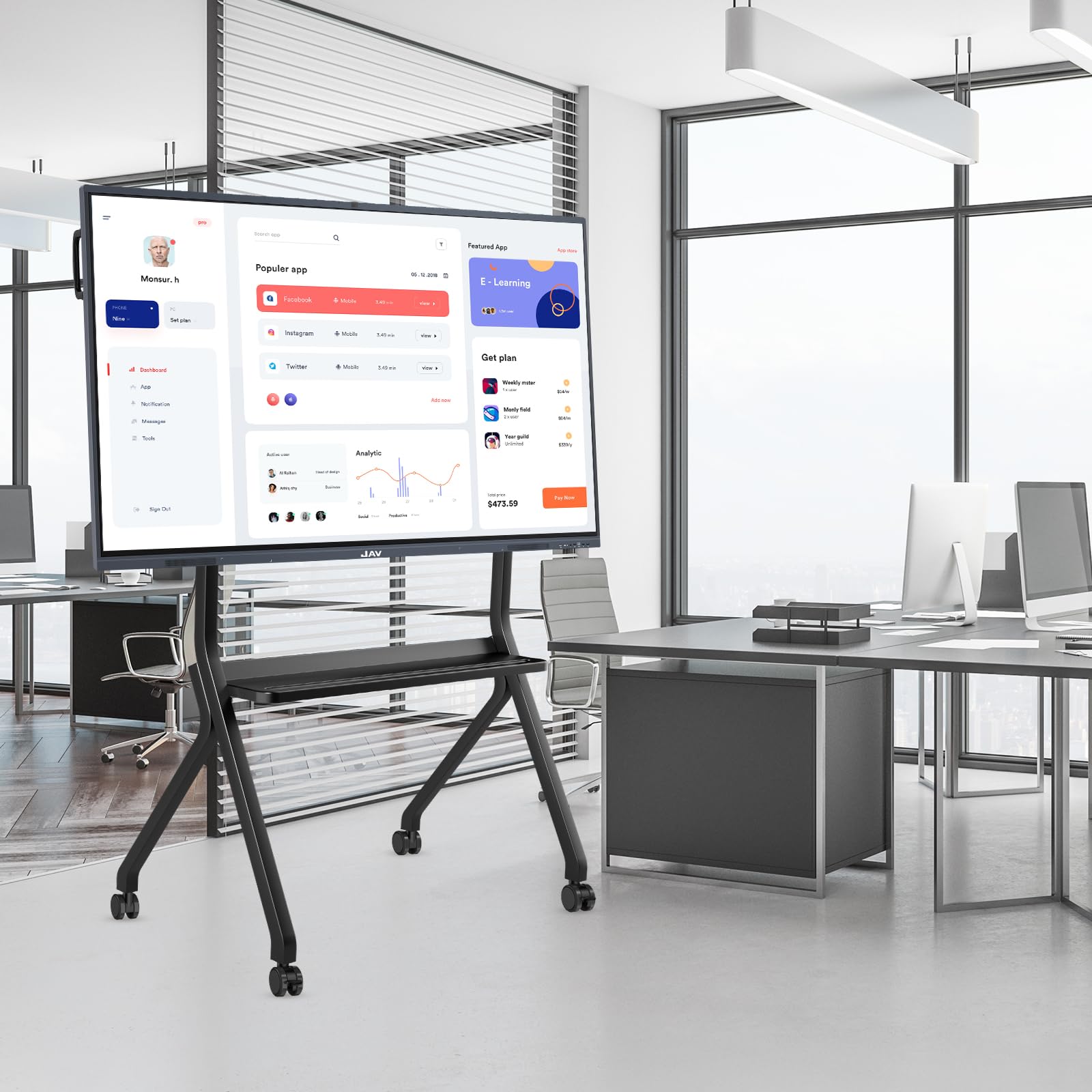 JAV Smart Board Ständer für Interaktives Whiteboard 55-86 Zoll Mobiler Tragbarer Wagen 4 Feststellbare Räder Ideal für Klassenzimmer Büro Heim