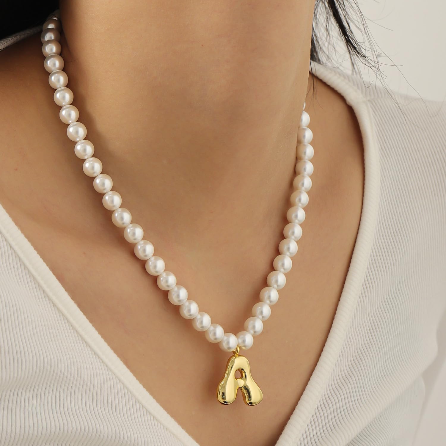 Bubble Initial Pearl Necklace Gold Freshwater Pearl Initial Necklace for Women Customized Women'S Name Pendant Big Letter Bubble Pendant Gold Bubble Letter Jewelry Mother'S Day Gift for Women - Image 6