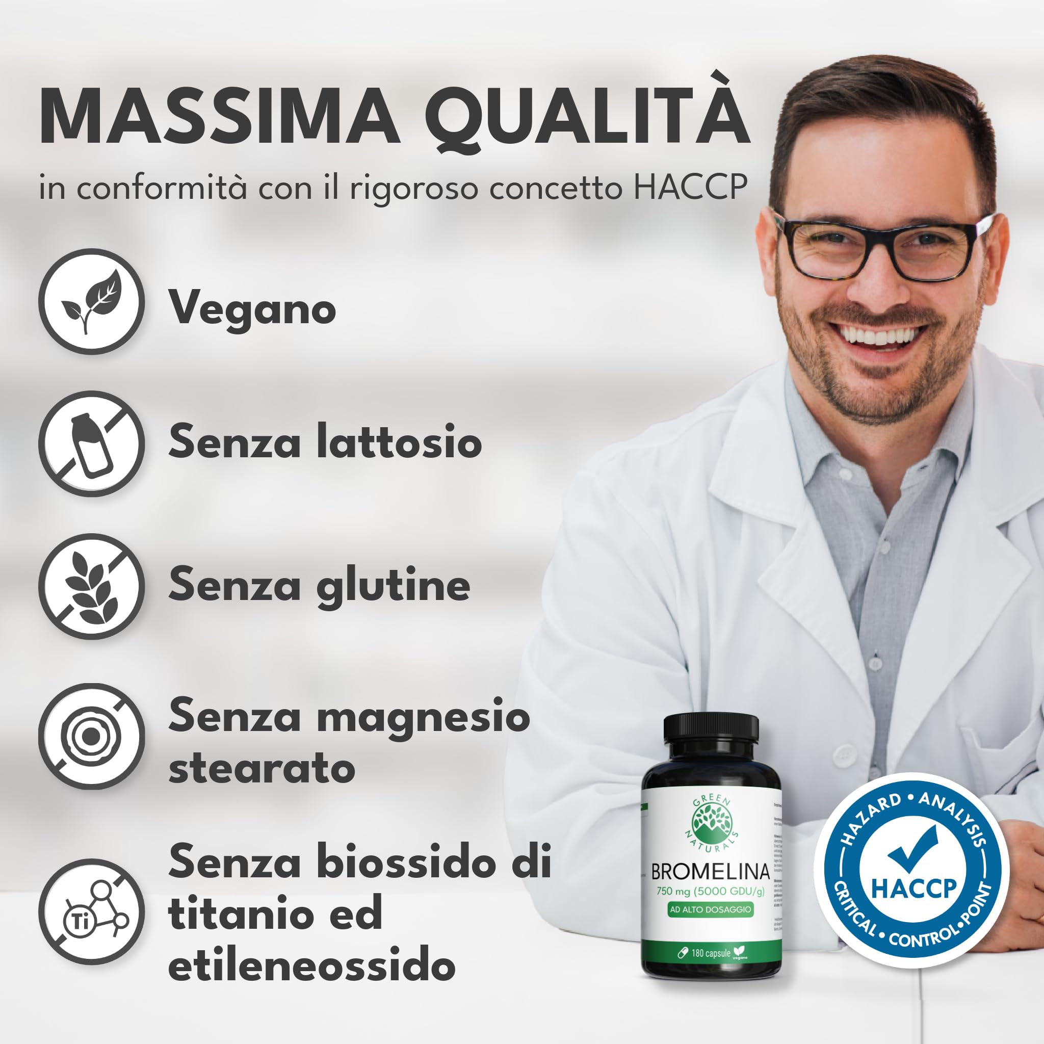 Green Naturals® Bromelina ad alto dosaggio – 180 capsule (6 mesi) – 750 mg da estratto naturale di ananas (5.000 GDU/g) – Capsule gastroresistenti DR Caps – Vegane & testate in laboratorio